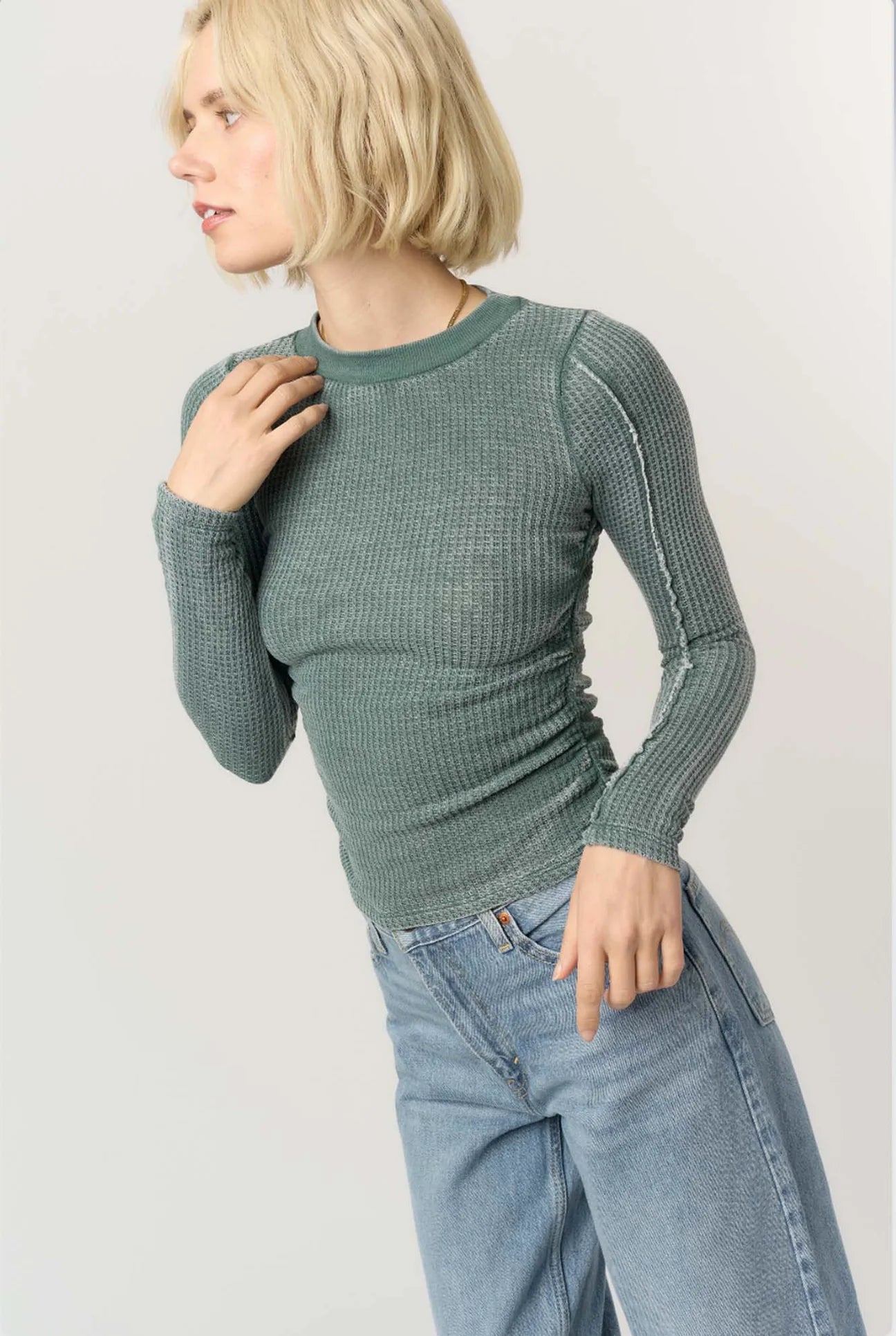 Green Thermal Long Sleeve Top with Side Ruching