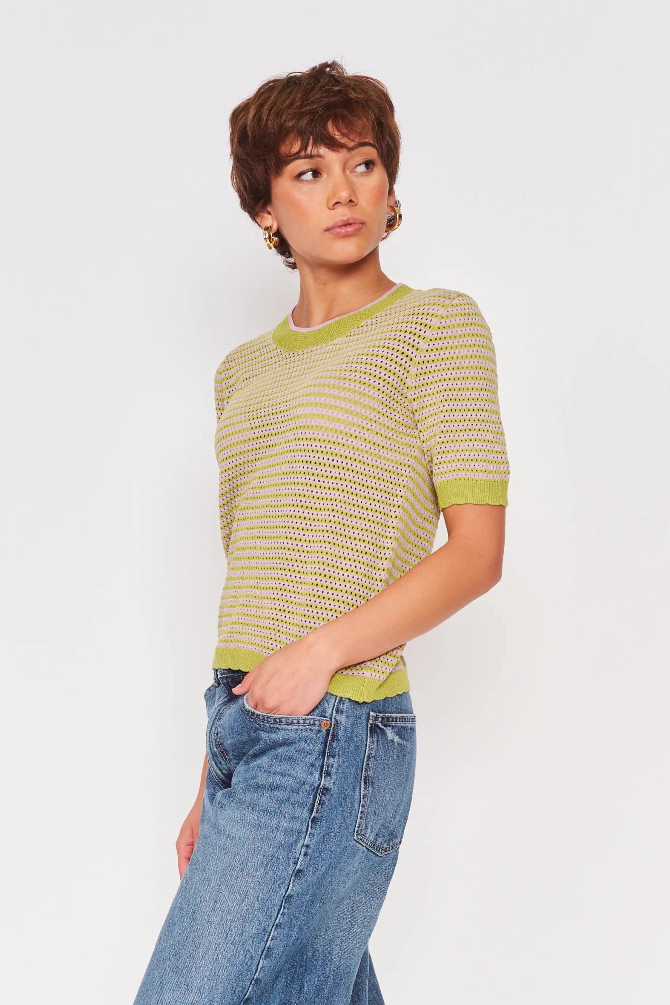Rose & Lee Co Cora Top, Lavender/Lime Stripe by dRA short sleeve
