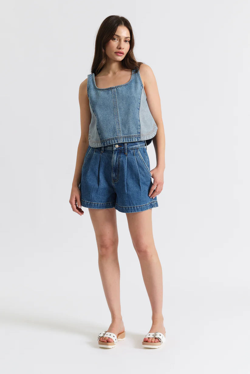 Dark Denim Pleated Jean Shorts