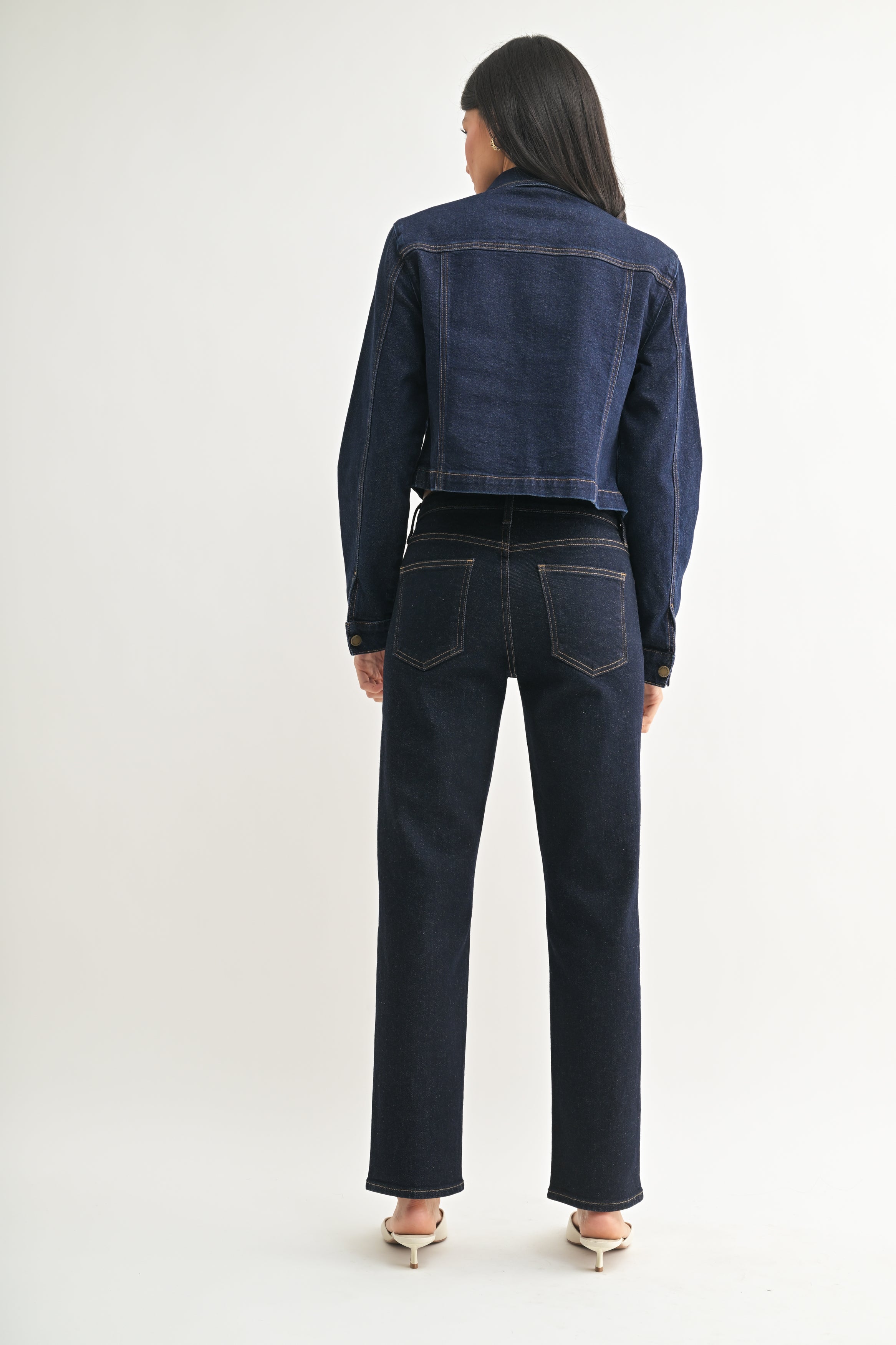 Mid Rise Dark Denim Straight Leg Jeans