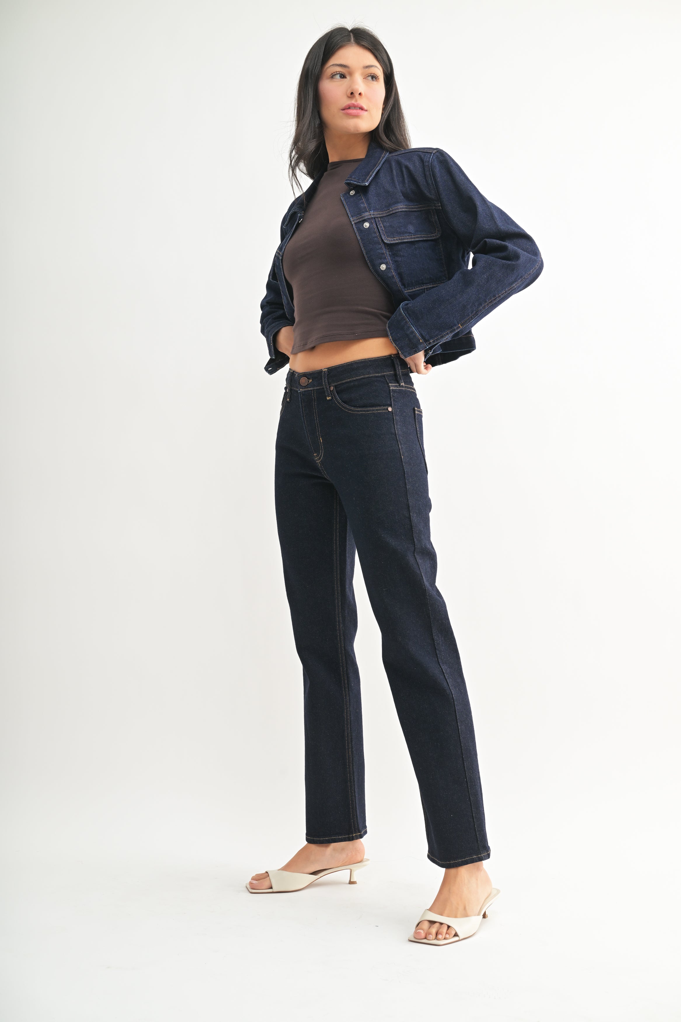 Mid Rise Dark Denim Straight Leg Jeans