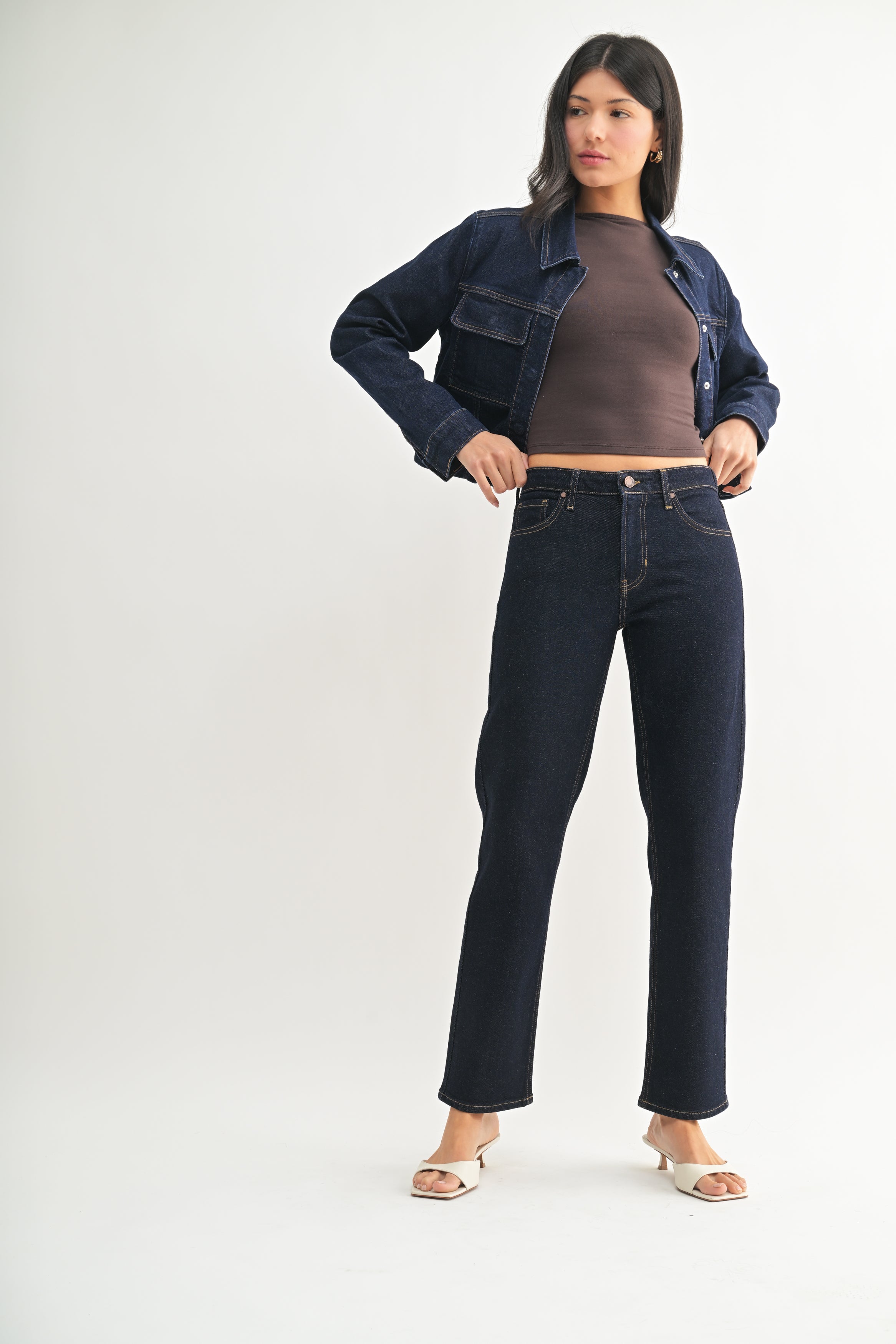 Mid Rise Dark Denim Straight Leg Jeans