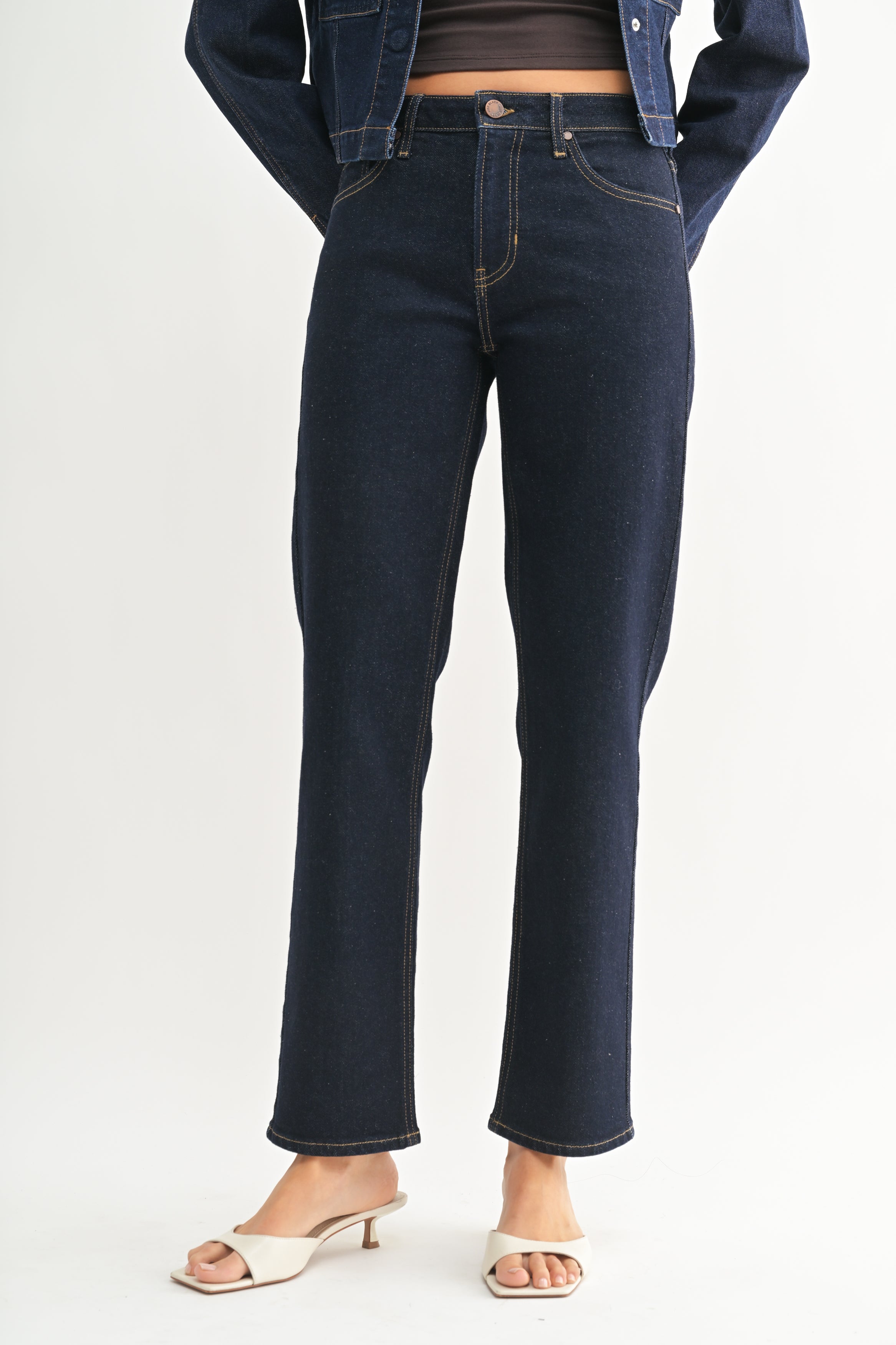 Mid Rise Dark Denim Straight Leg Jeans