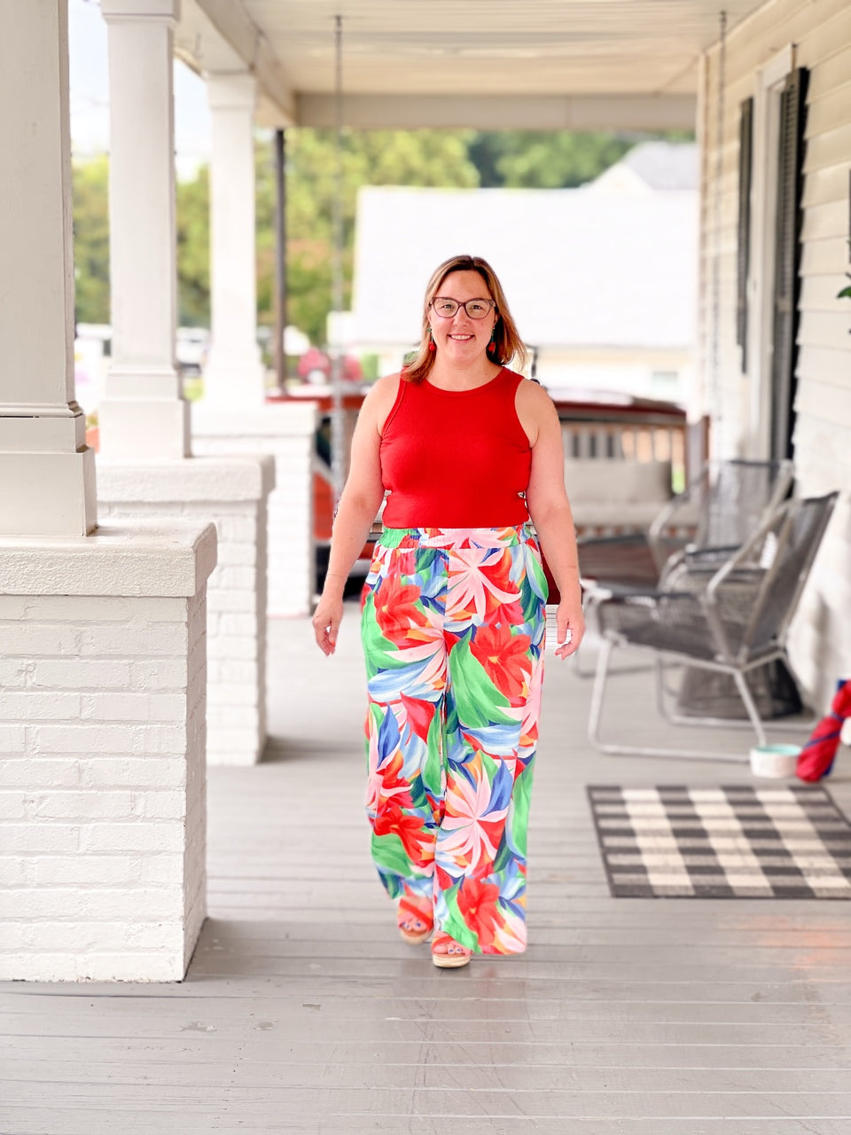 tropical print leaf and flower wife leg pants with elastic waist