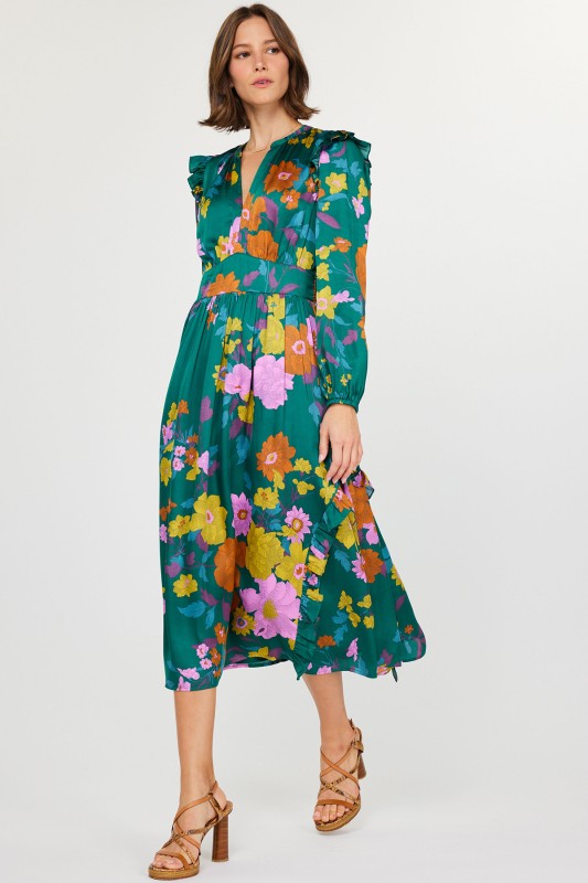 green floral dress, maxi length, with v neckline