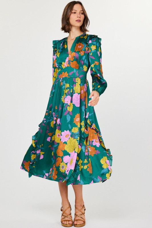 green floral dress, maxi length, with v neckline