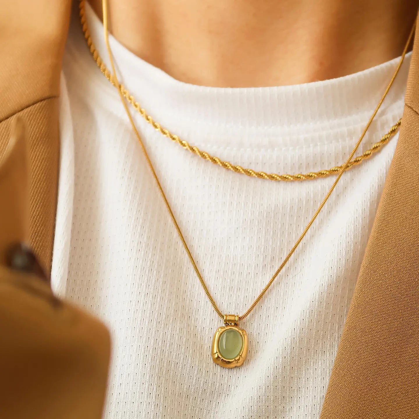 Rose & Lee Co Dax Green Stone Necklace, 18k Gold Necklaces