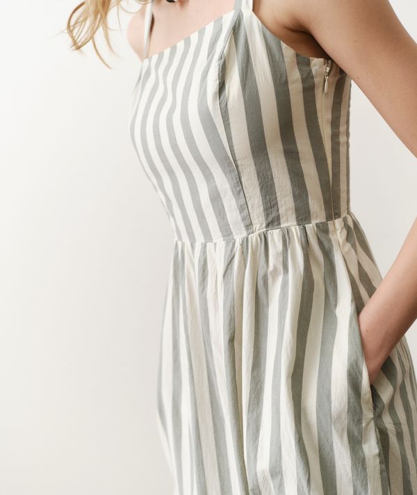 Green Striped Fitted & Flared Midi Dress