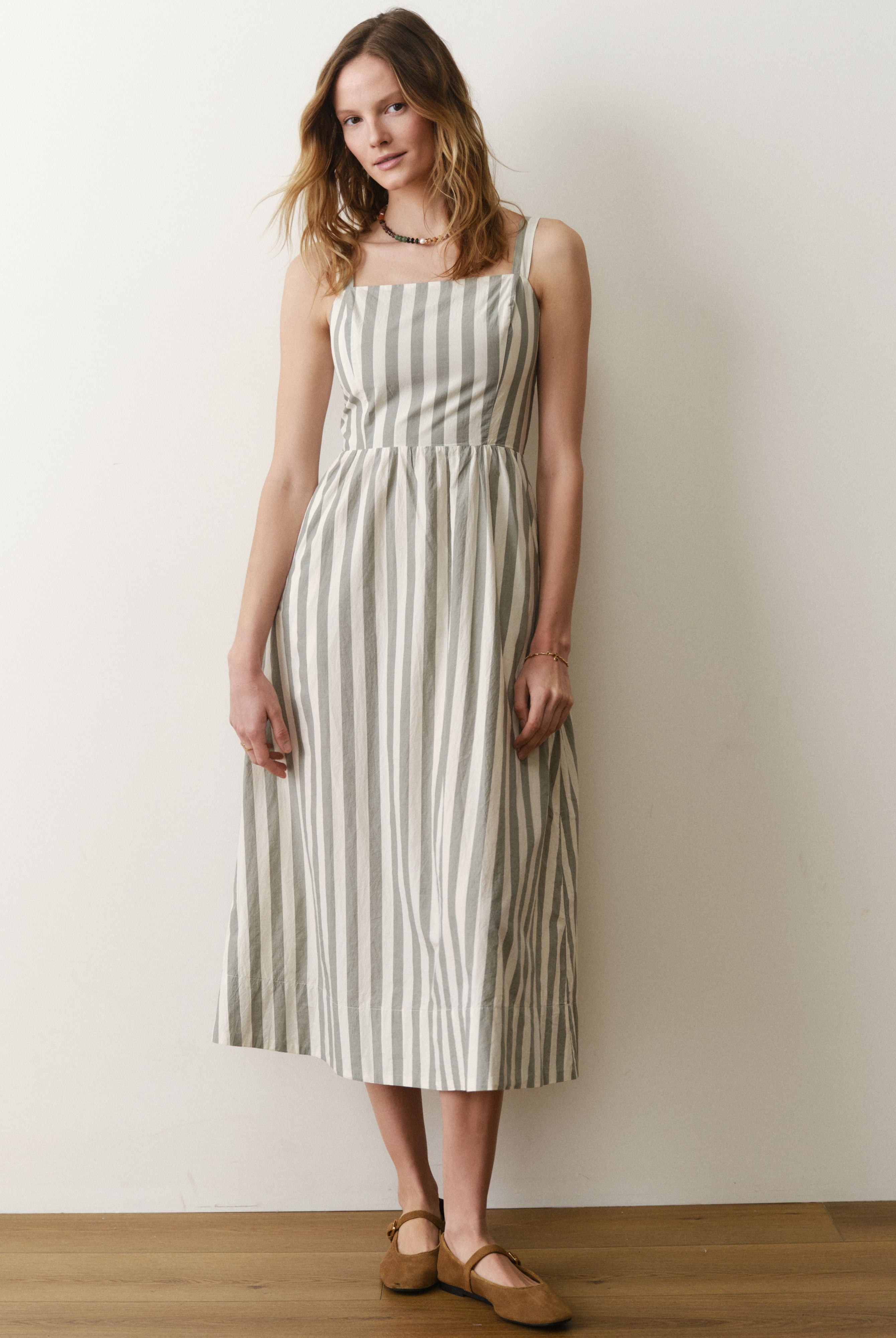 Green Striped Fitted & Flared Midi Dress