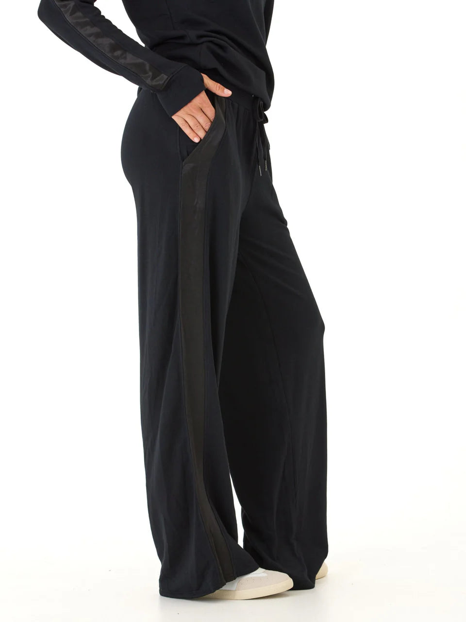 Black Fleece Pants with Satin Trim