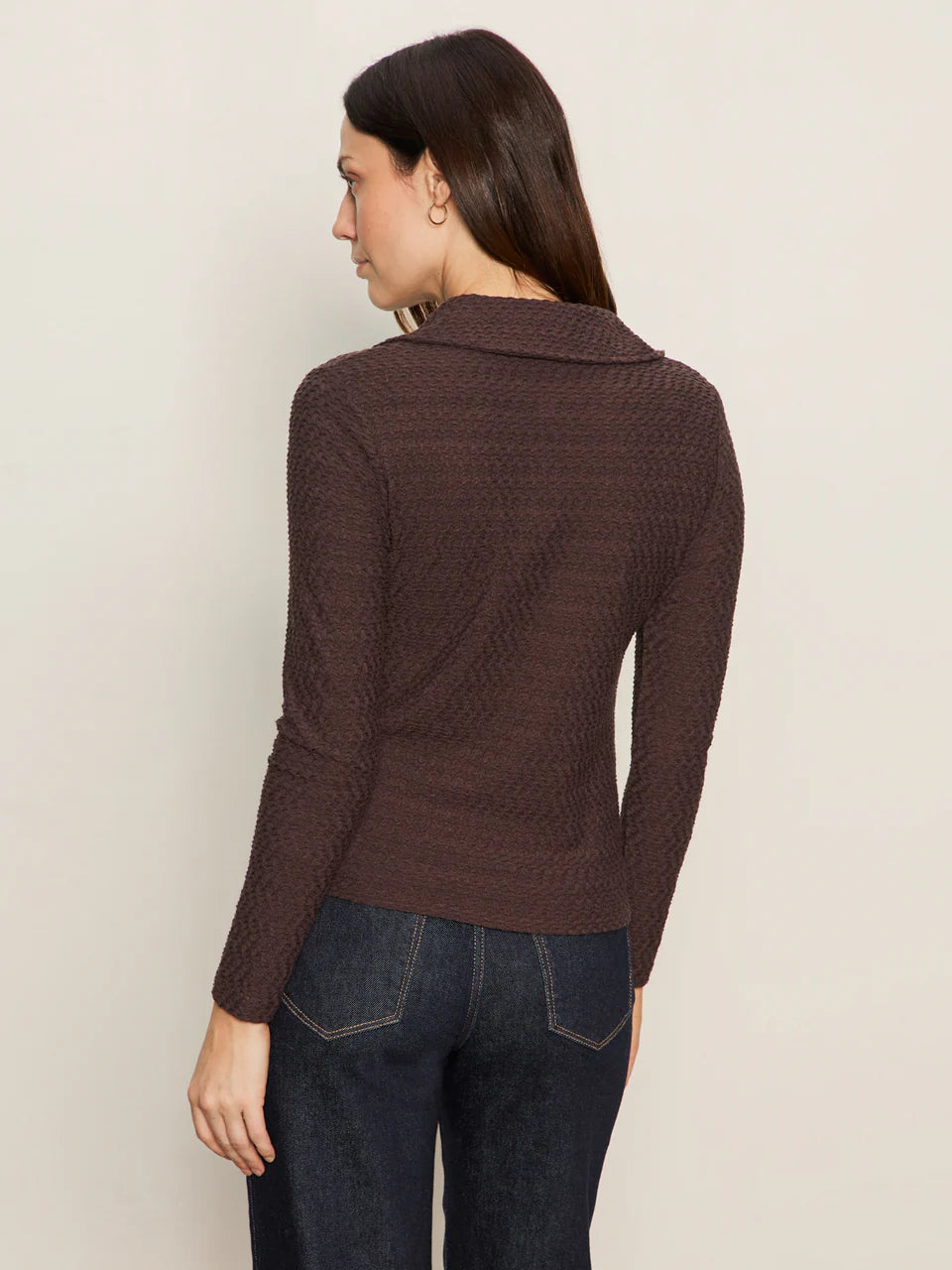 Knitted and Textured Long Sleeve Button Front Brown Top