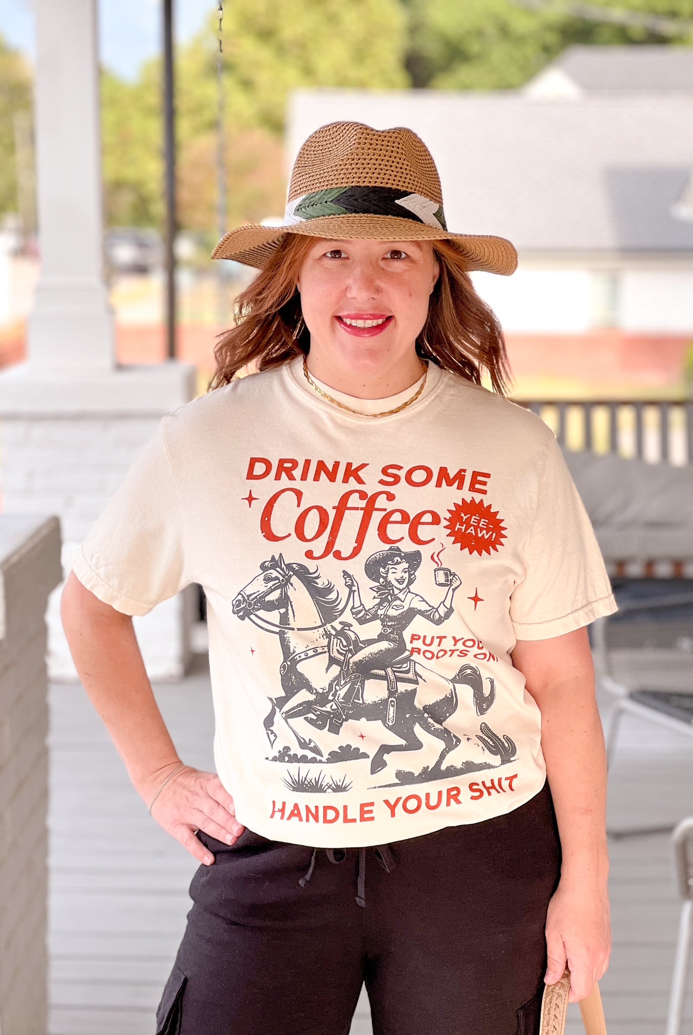 Rose & Lee Co Drink Coffee & Handle Your Shit Western Tee, Ivory short sleeve