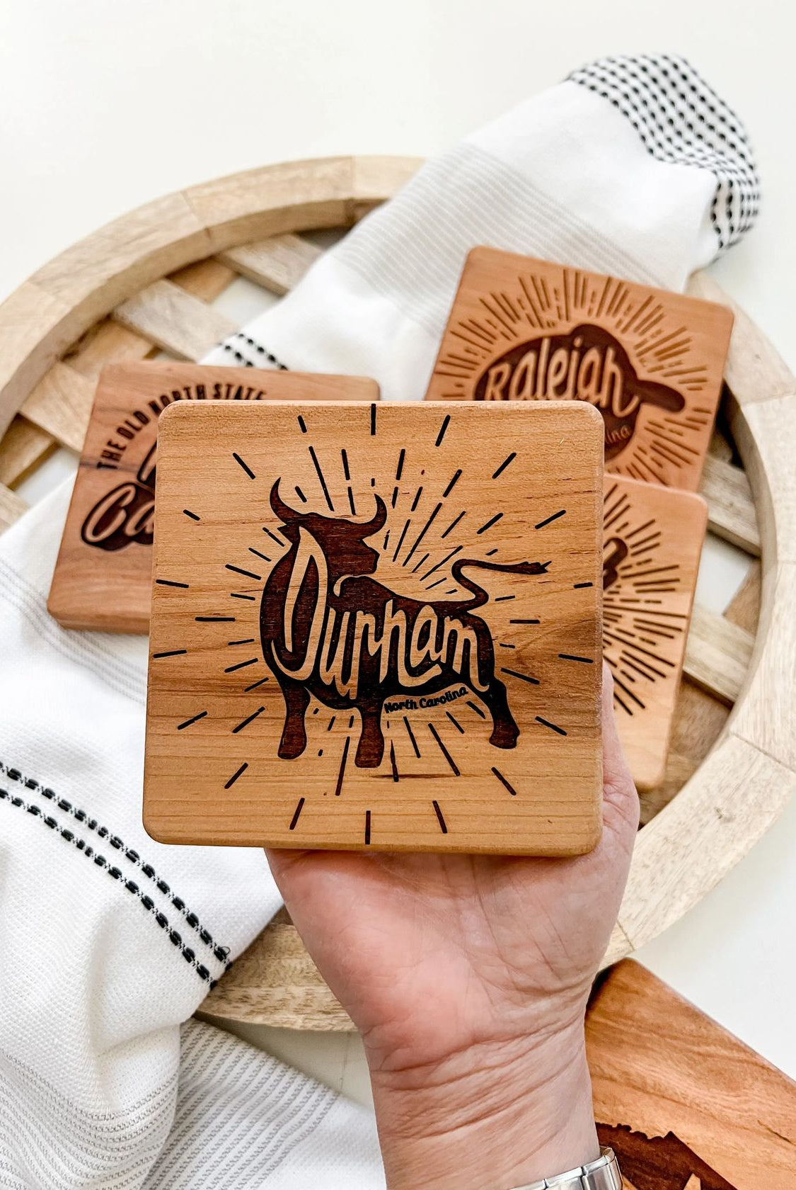 Rose & Lee Co Durham, NC Engraved Wood Coaster Home & Gifts