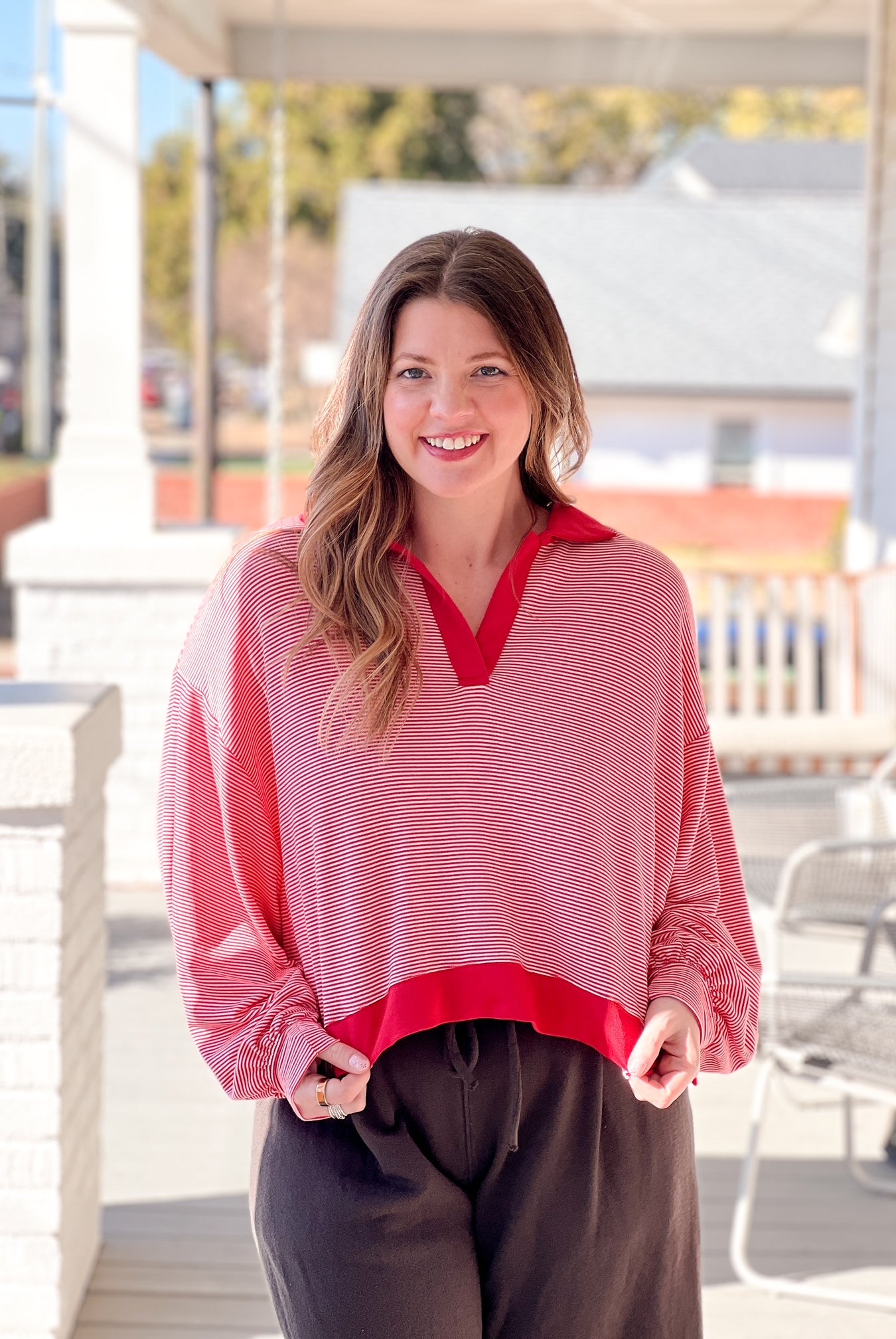 long sleeve shirt with collared neckline, red and white stripes