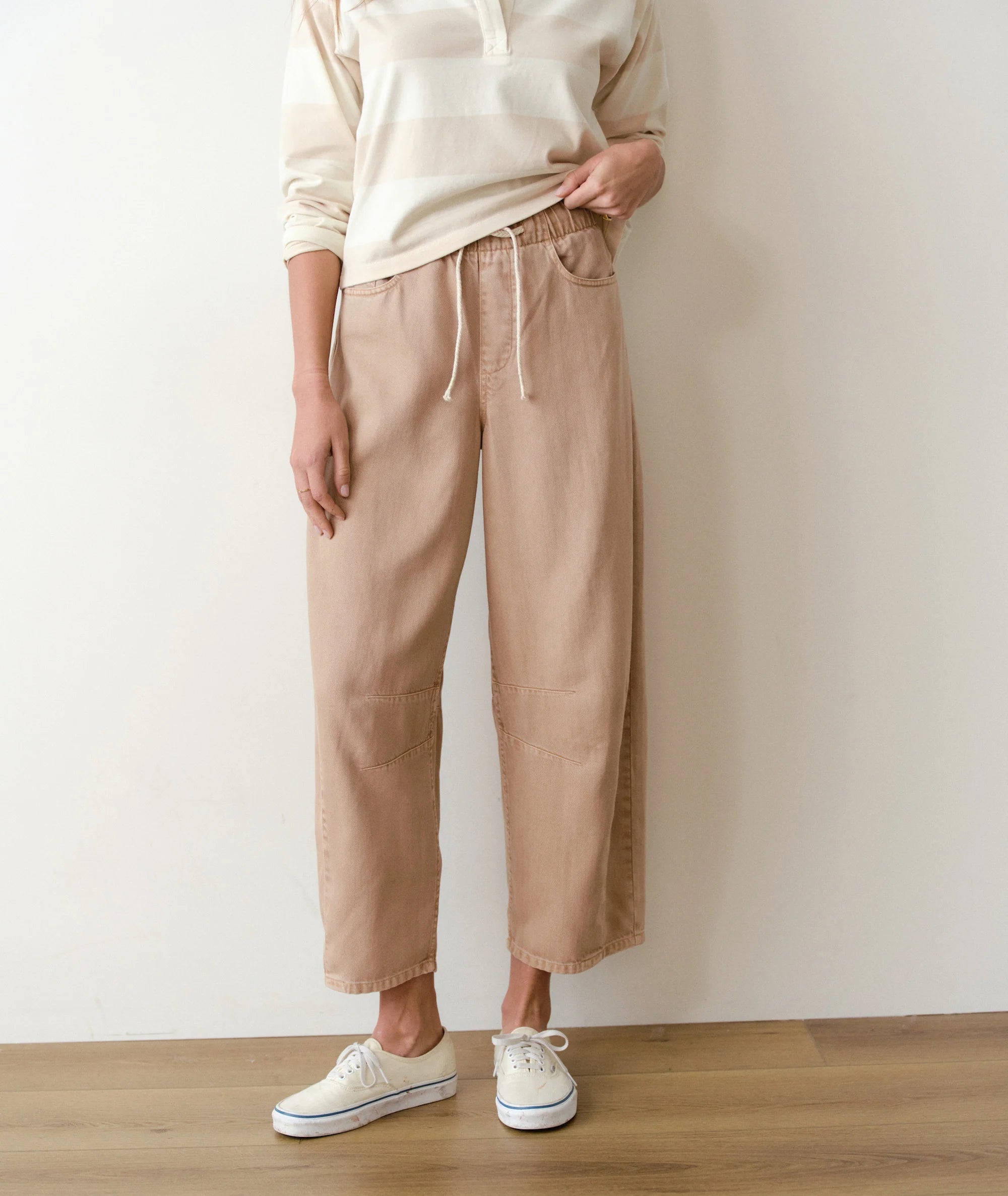 tan barrel pants with elastic waist