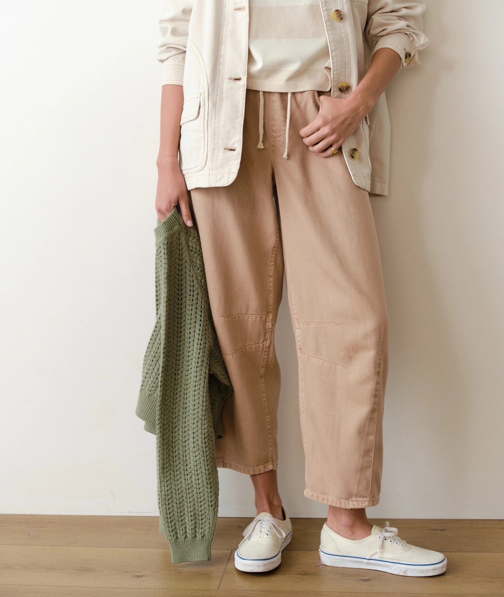 tan barrel pants with elastic waist