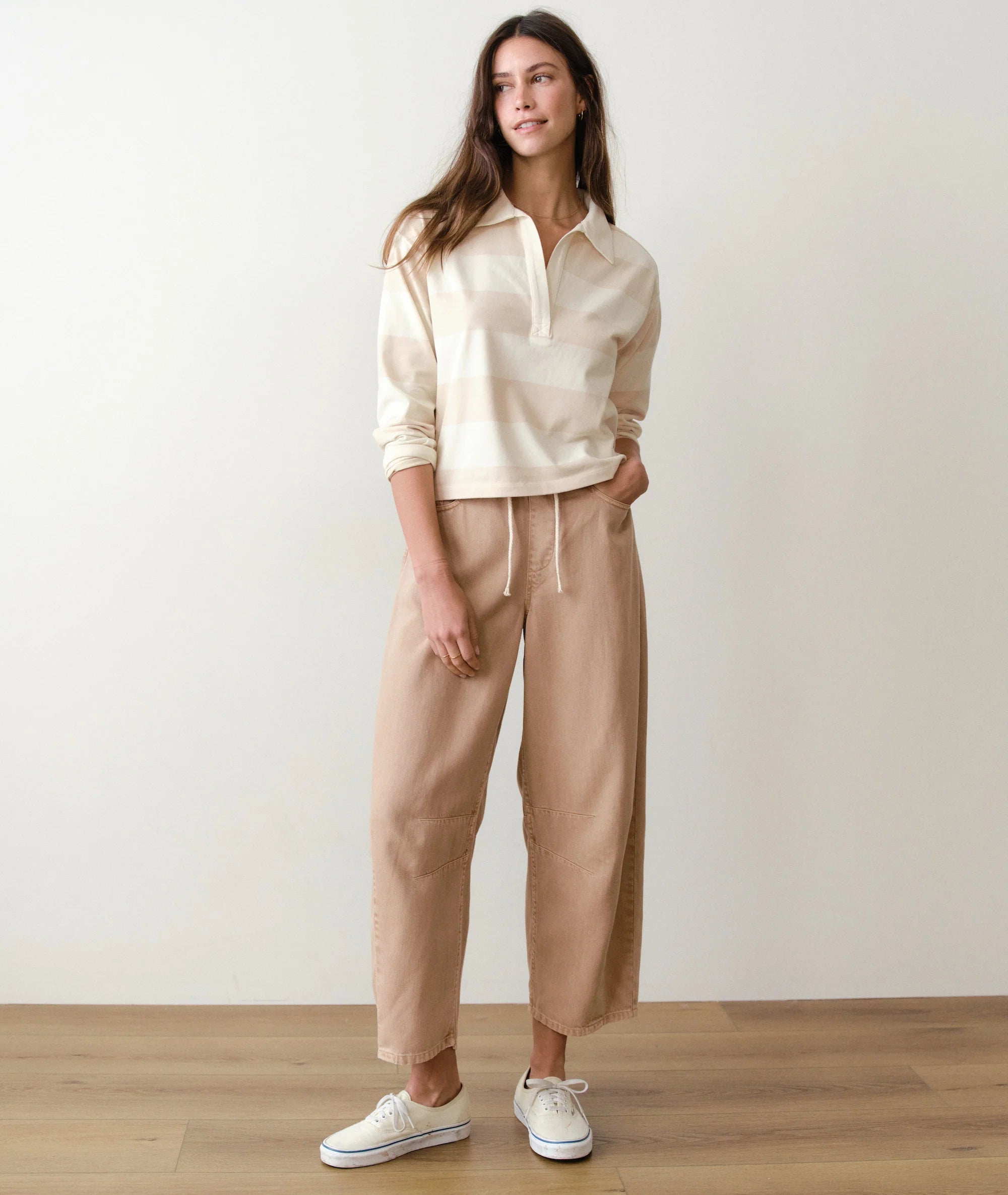 tan barrel pants with elastic waist