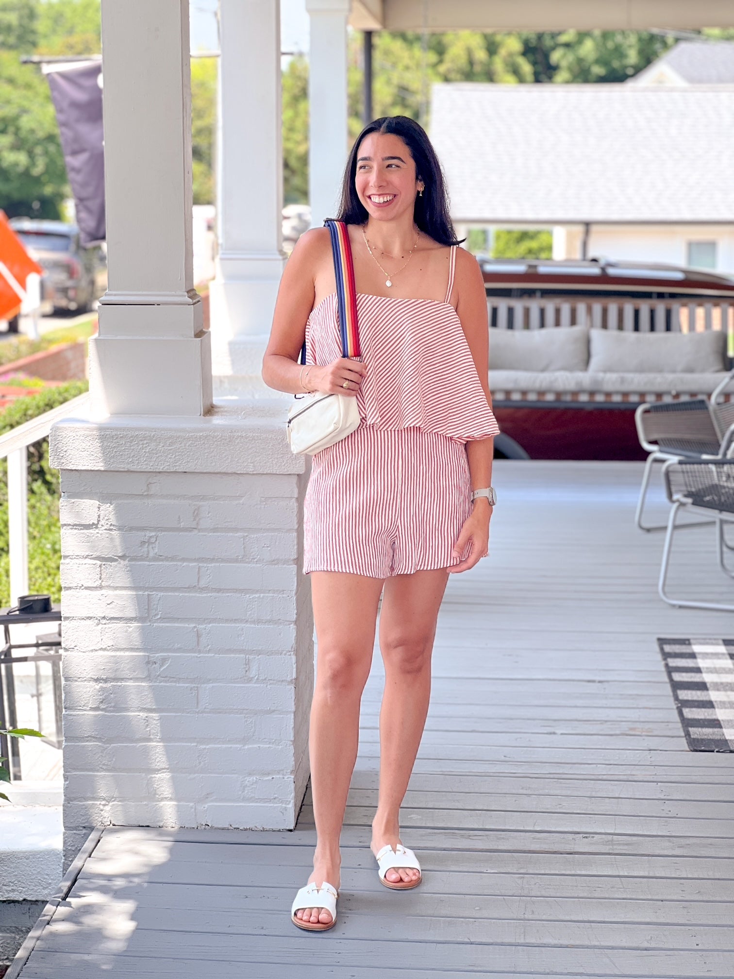 red and white mini stripe romper with tank top