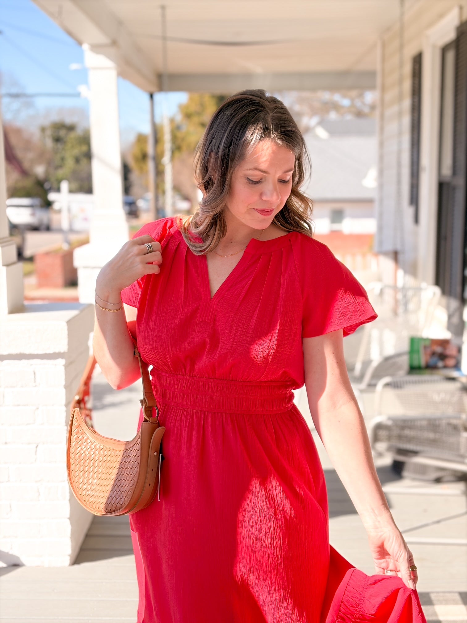 Red Short Sleeve Midi Length Dress