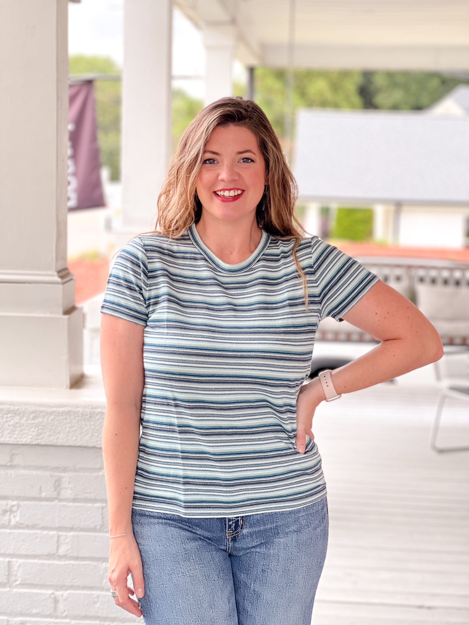 short sleeve top with small blue, green and white stripes, crew neckline