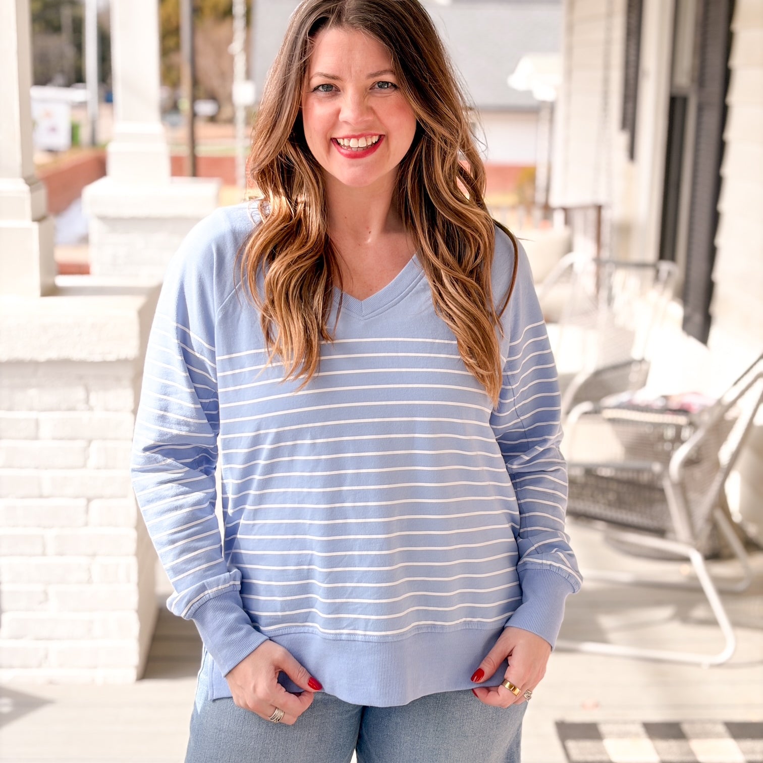 blue and white stripe v neck sweatshirt