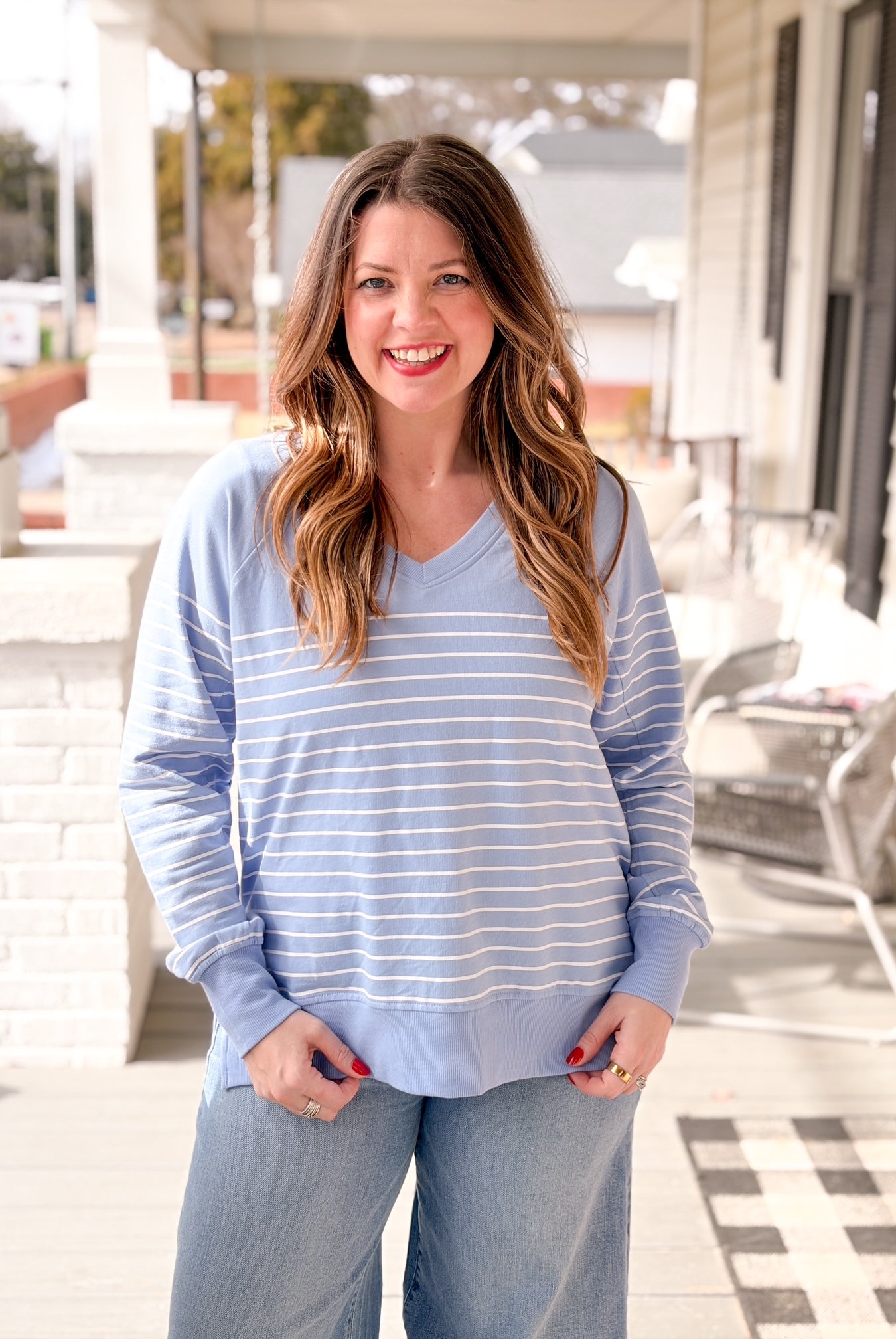 blue and white stripe v neck sweatshirt
