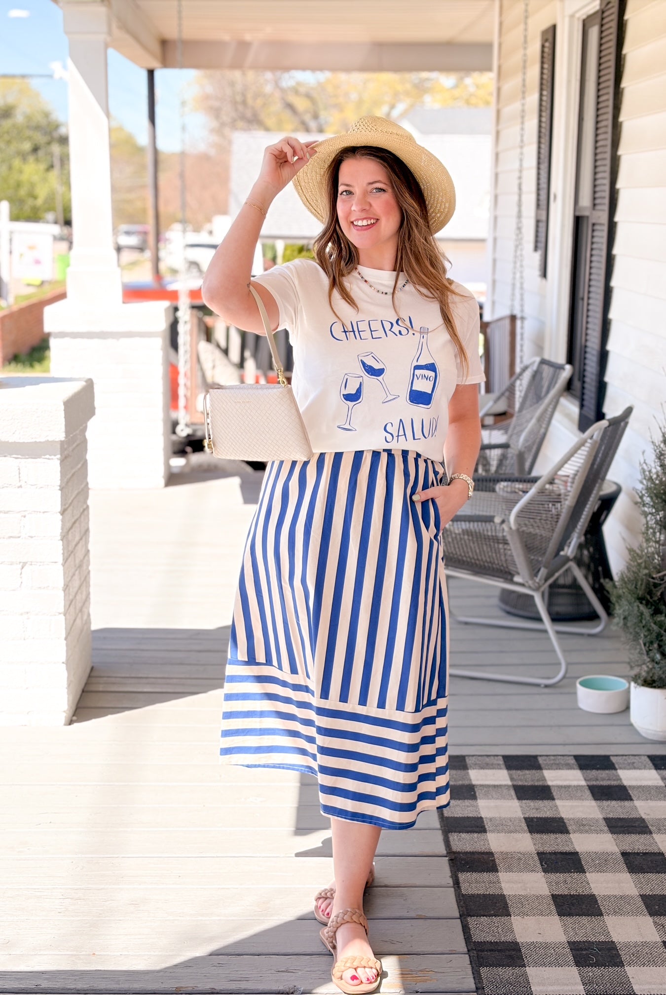 Bamboo Blue Stripe Print Midi Skirt