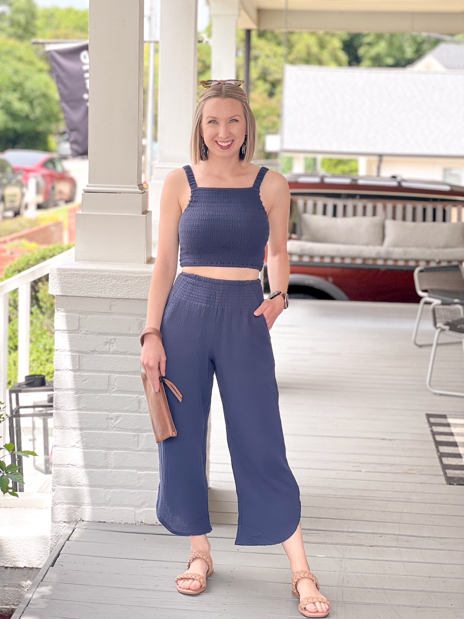 100% cotton smocked indigo cropped tank