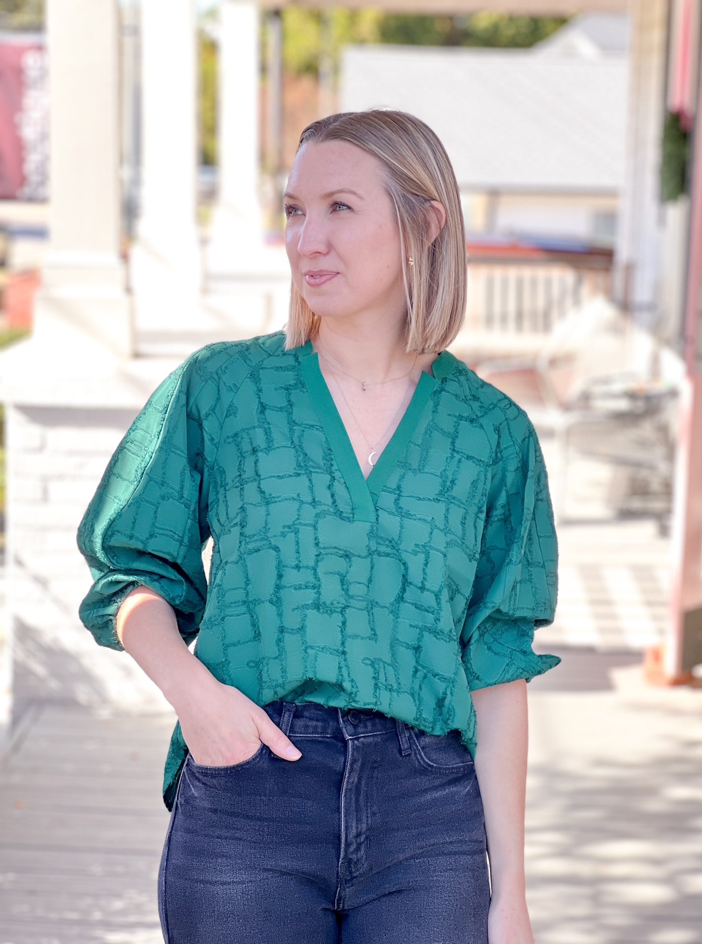 Emerald Green Windowpane Long Sleeve Top