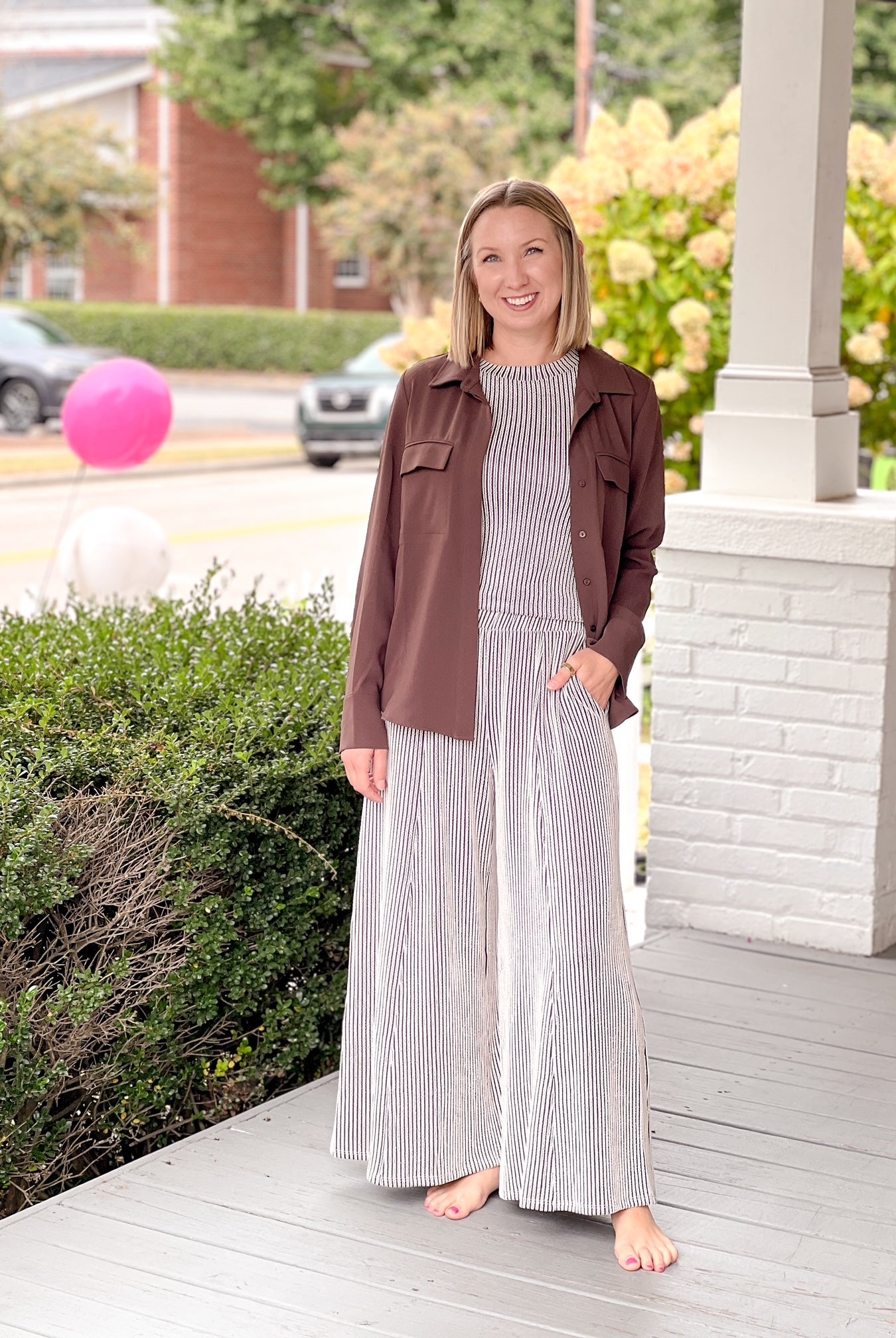 Striped Brown and White Elastic Wide Leg Pants