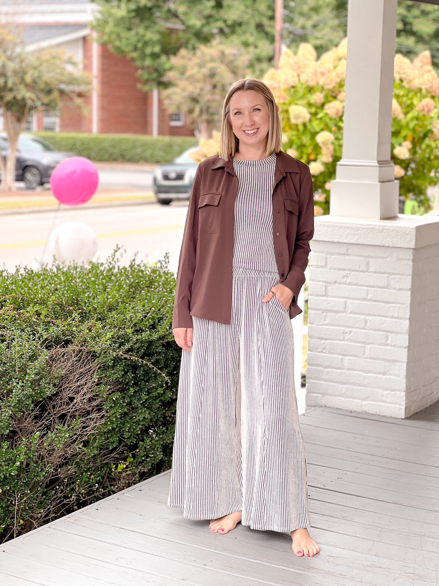 Striped Brown and White Elastic Wide Leg Pants
