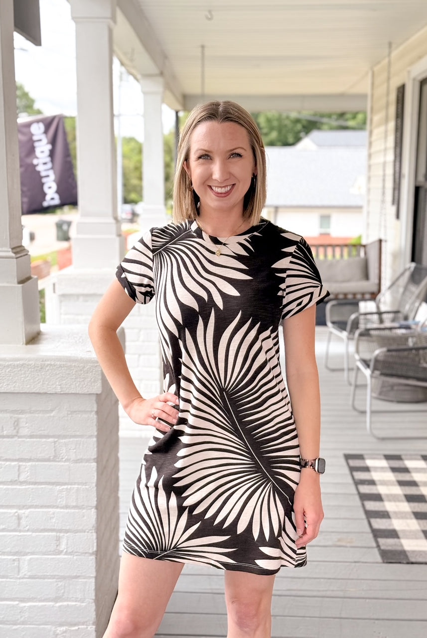 mini length brown and ivory printed palm dress