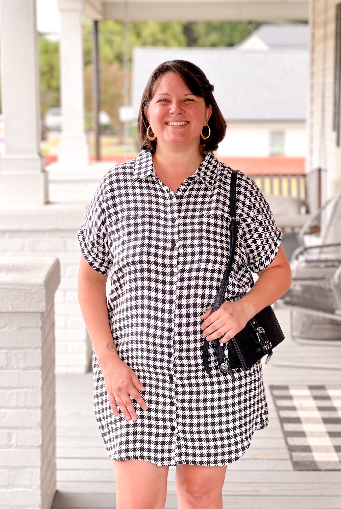 houndstooth black and white mini length button up dress
