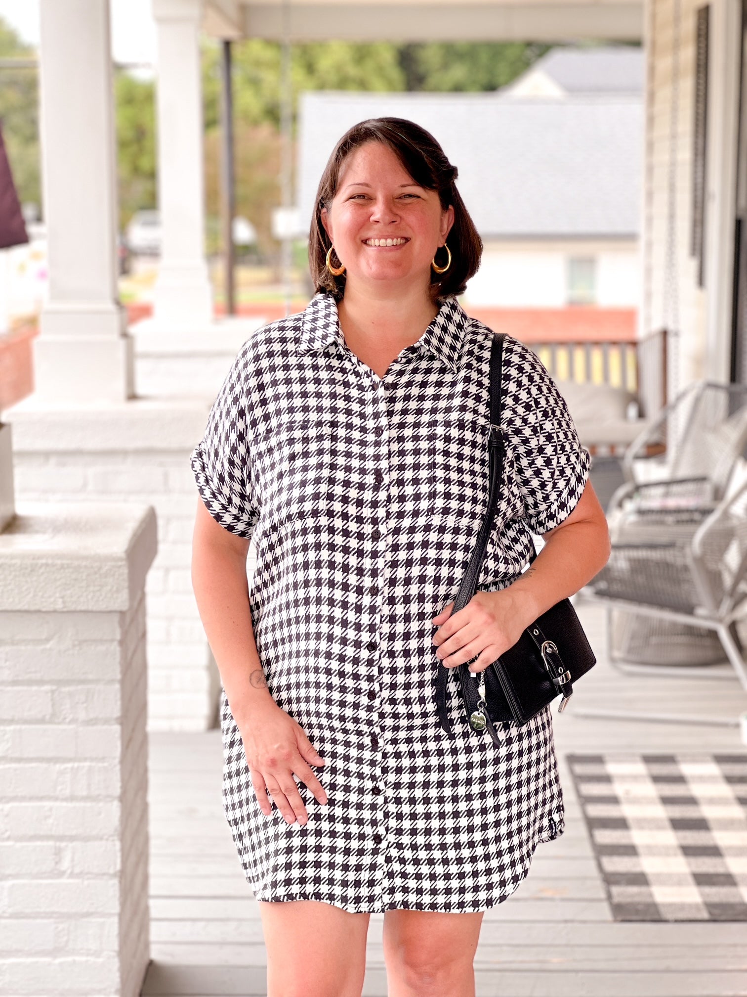houndstooth black and white mini length button up dress