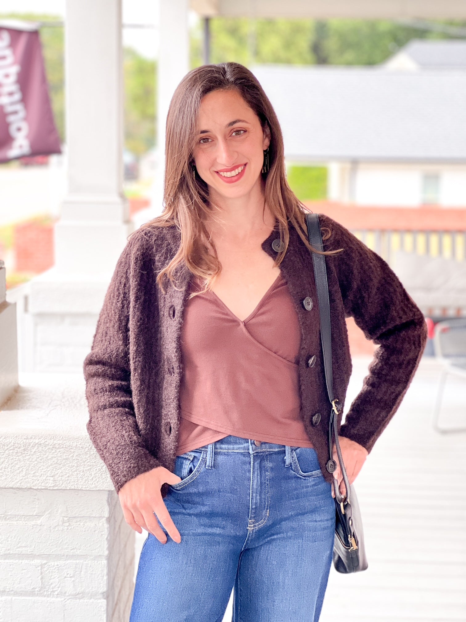 brown button up cardigan