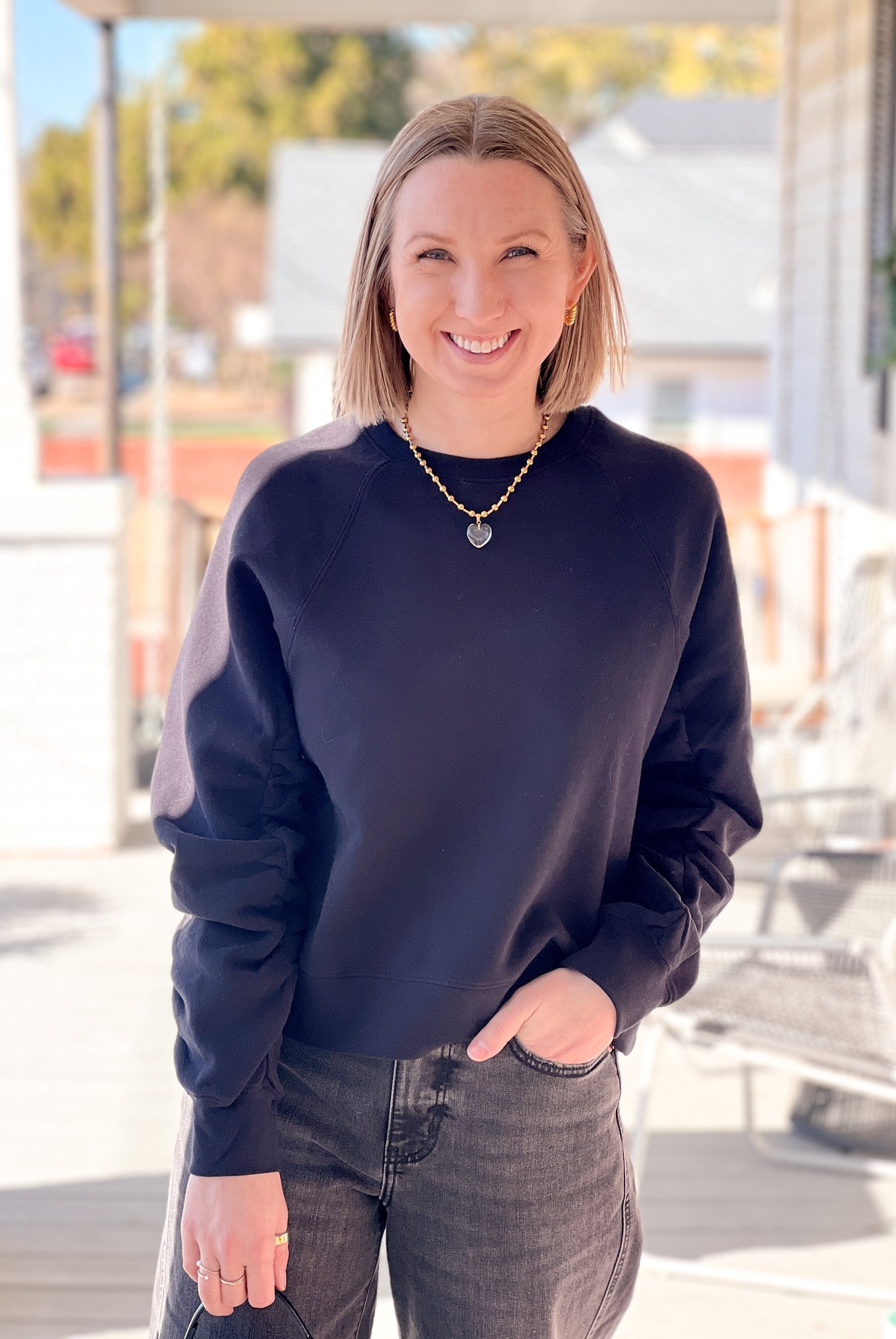 Black Shirred Sleeves Sweatshirt