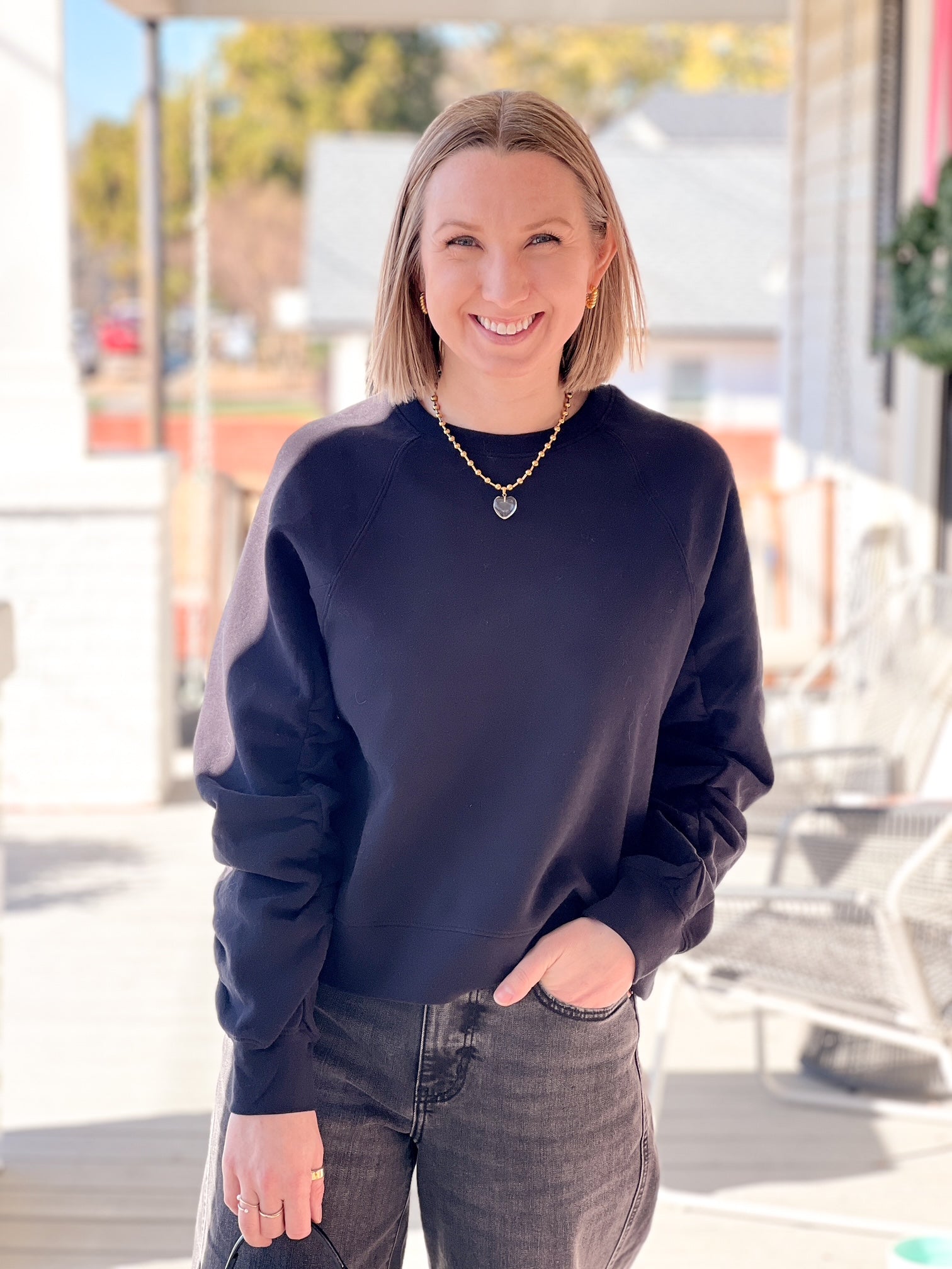 Black Shirred Sleeves Sweatshirt