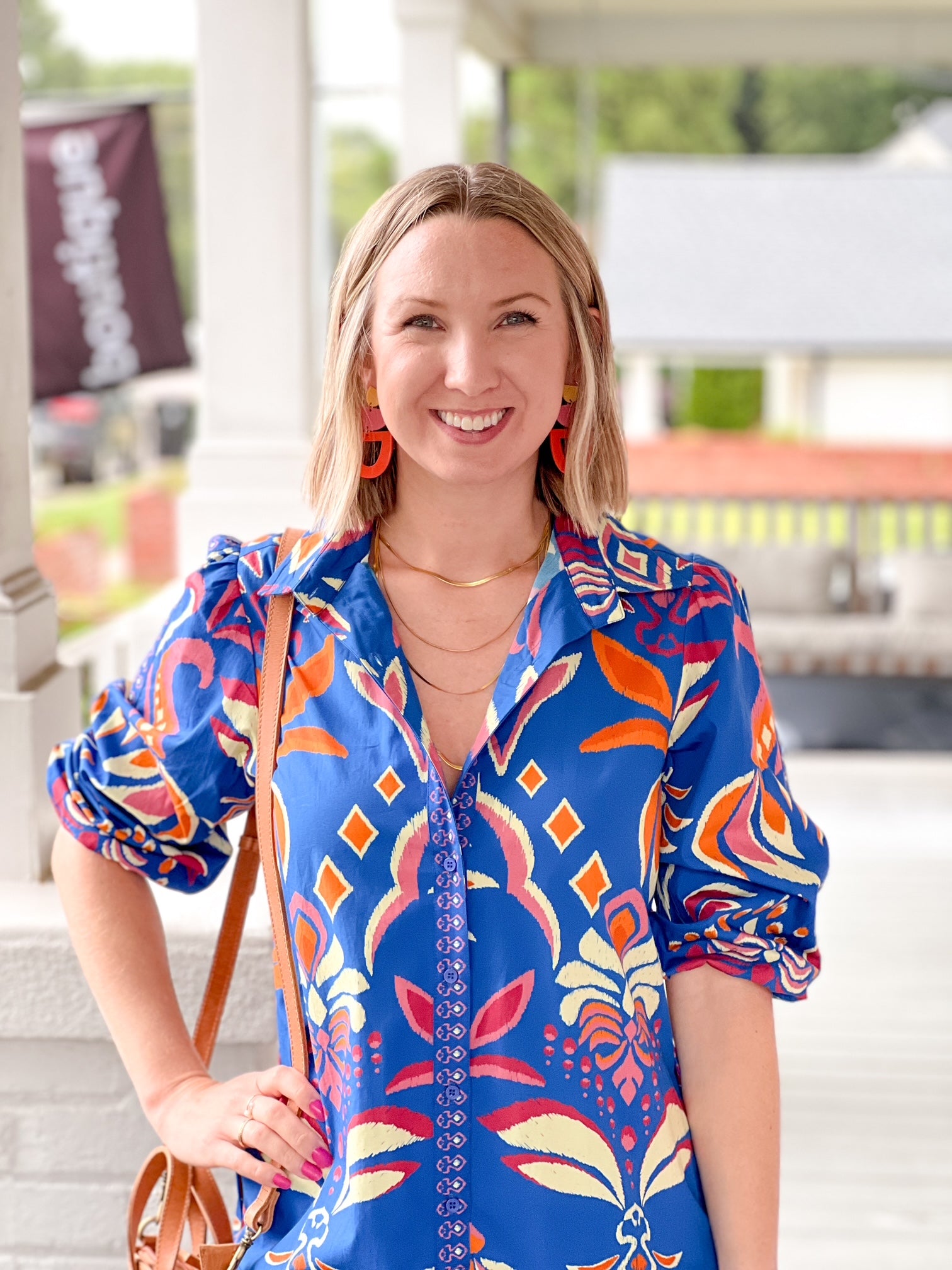 mini length dress, long sleeves, bright blue ikat pattern
