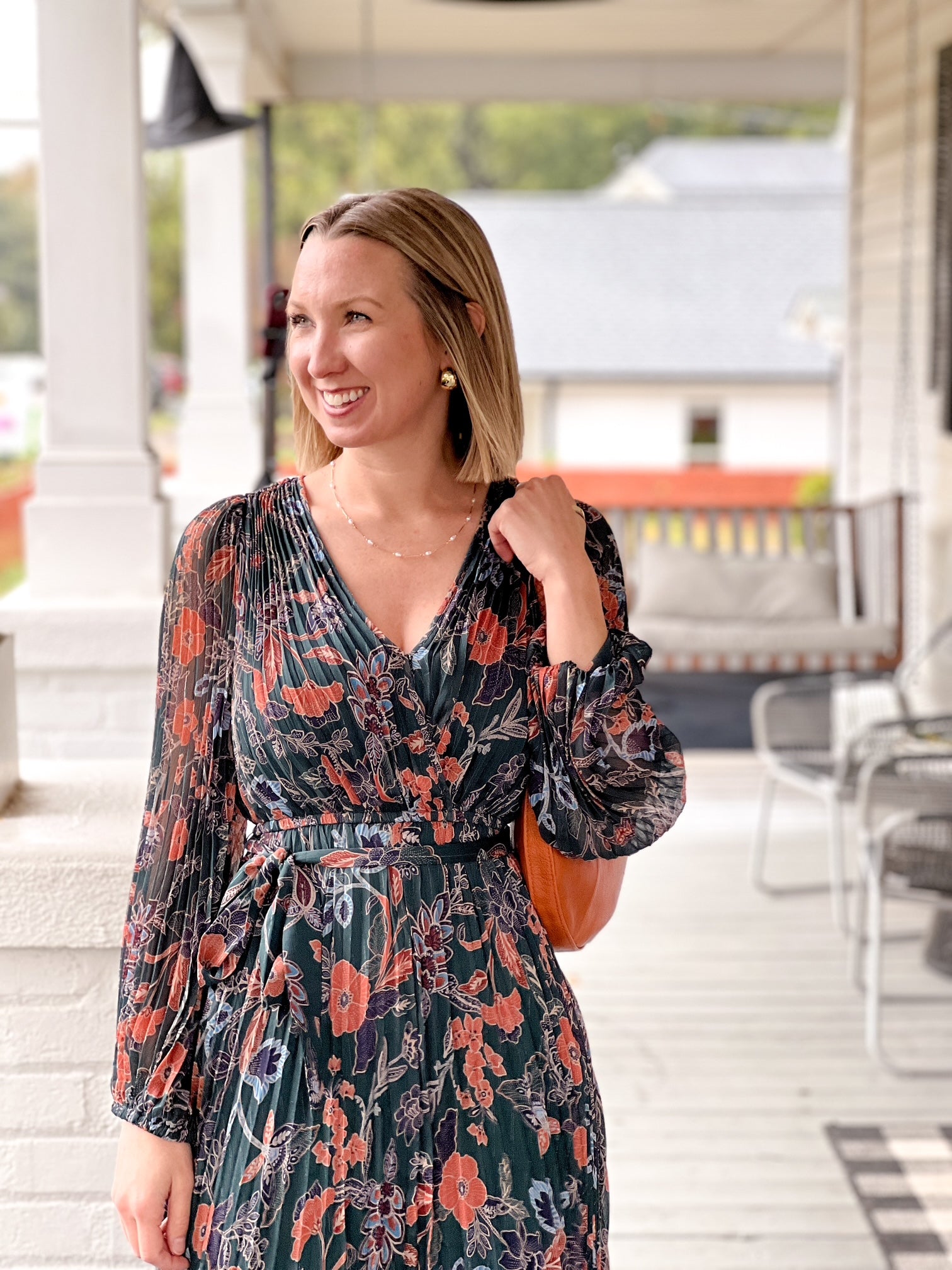 Green Long Sleeve Floral Print Dress