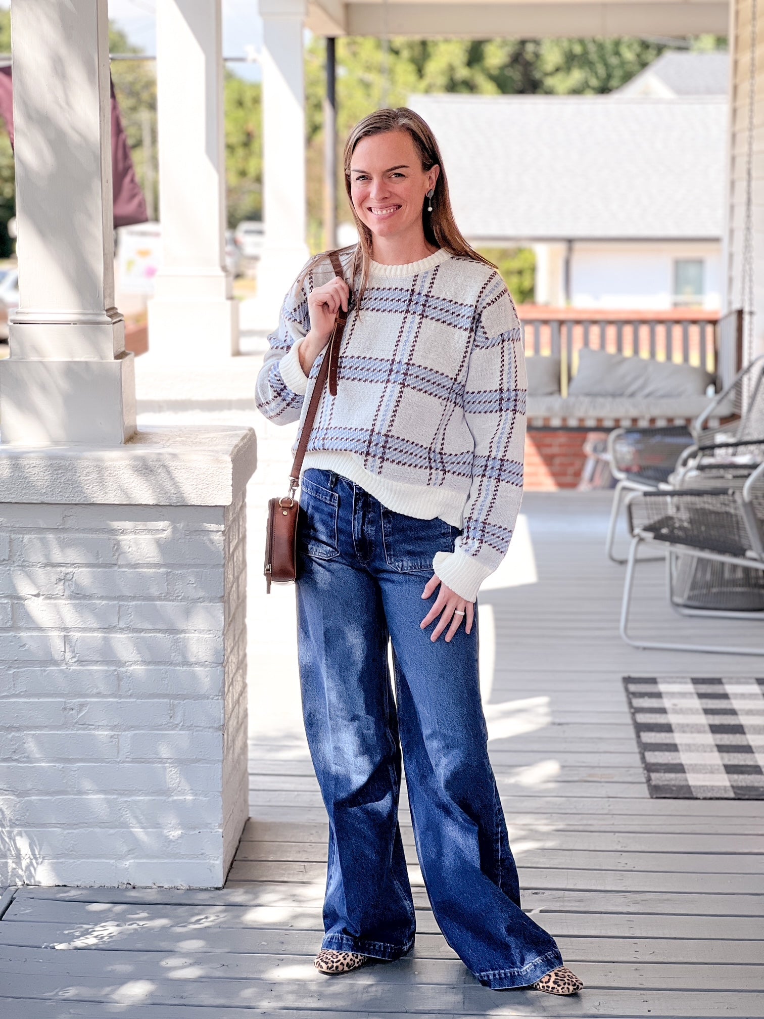 blue, cream and brown plaid sweaters