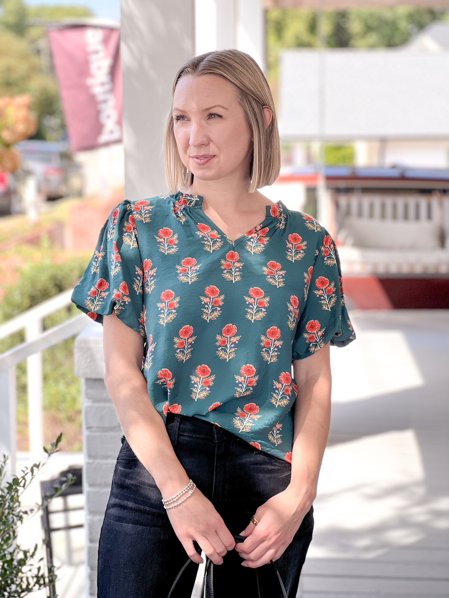 Green and Orange Floral Work Top