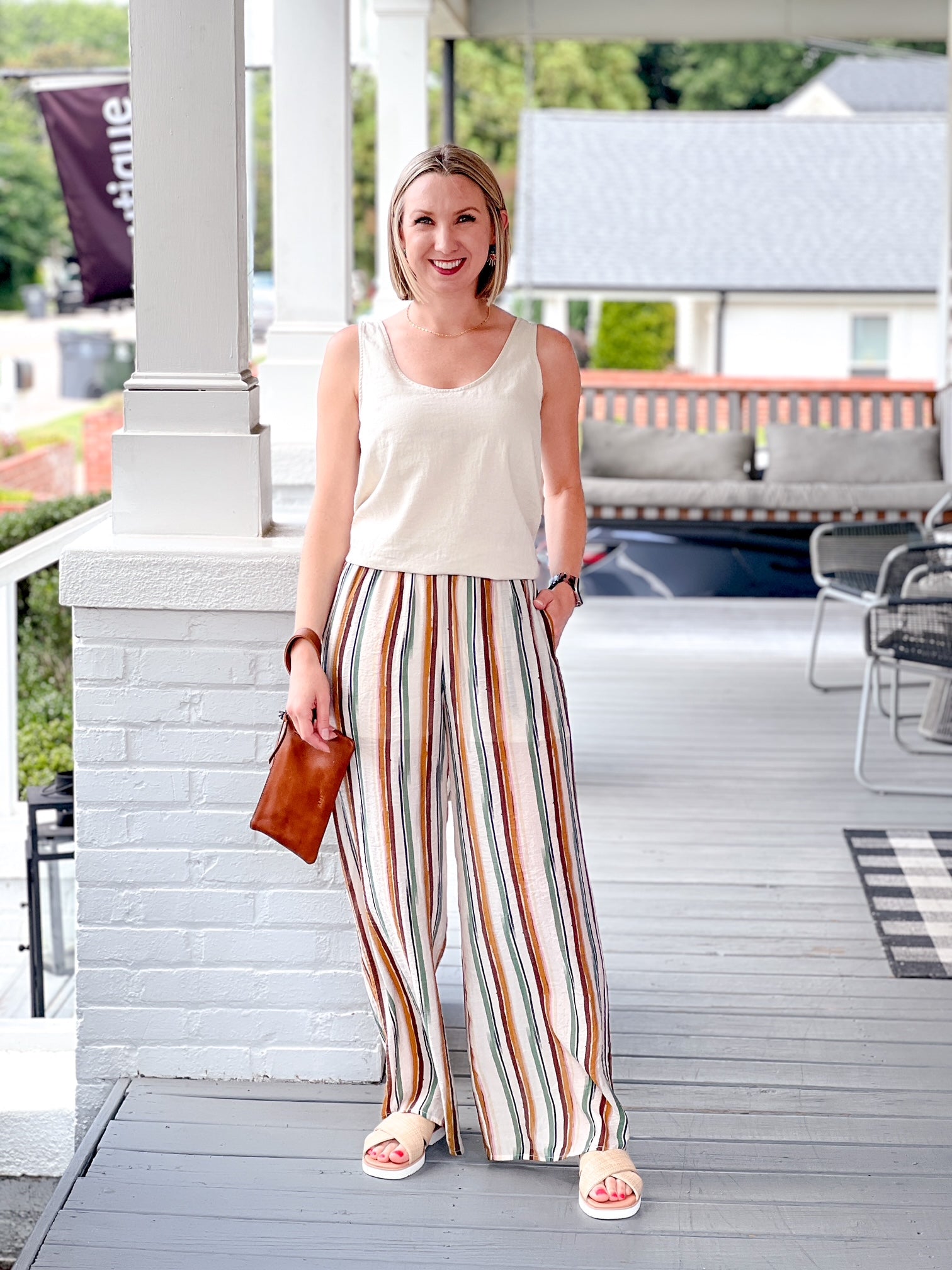 wide leg striped pants with elastic waistband