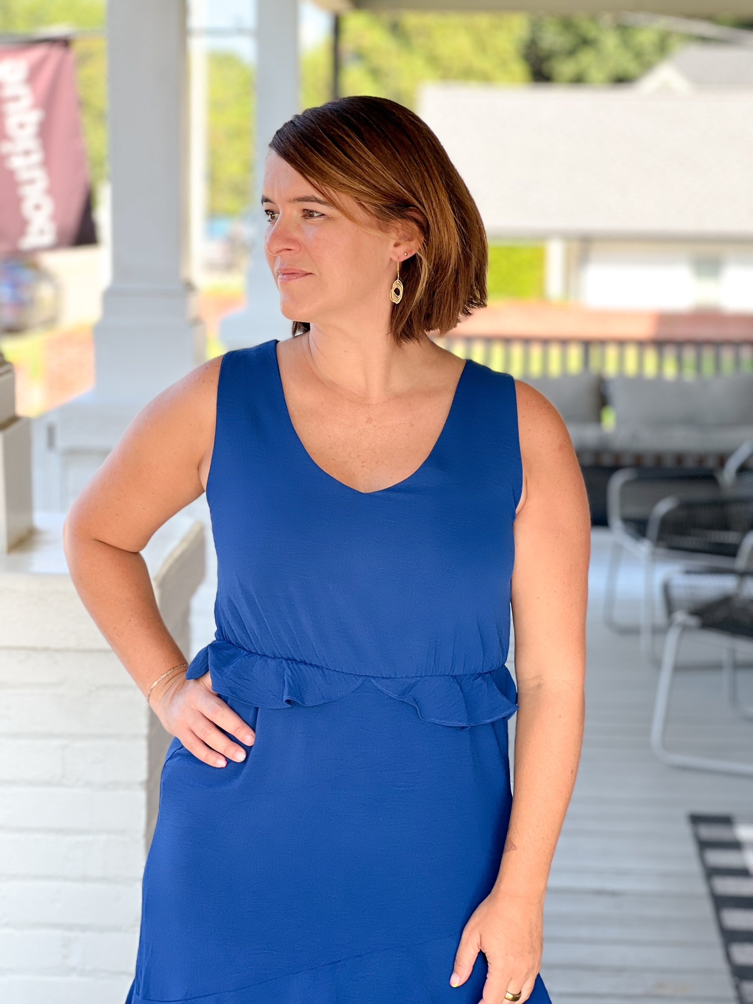 sleeveless ruffled waist event dress blue tiered bottom maxi length