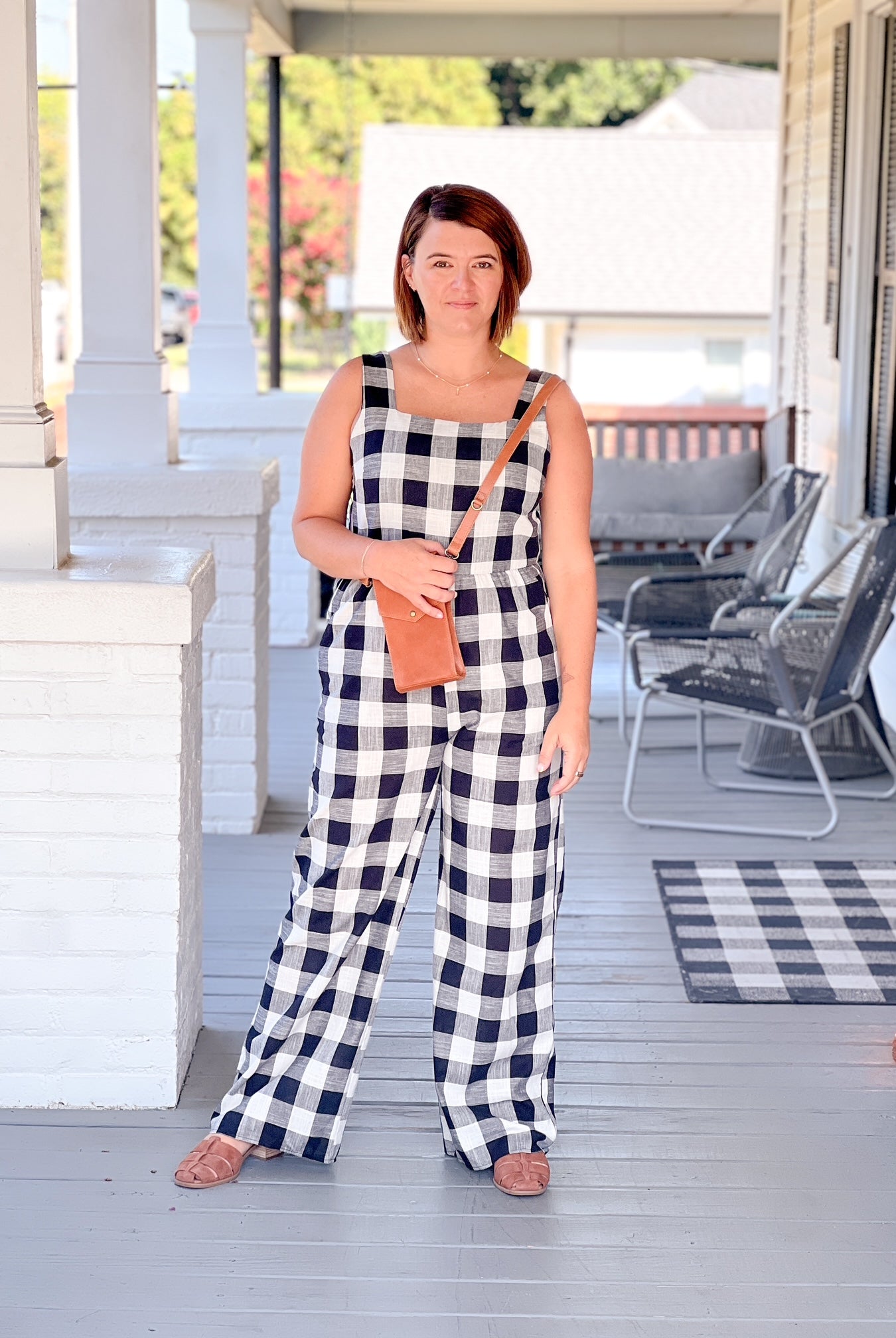 black and white gingham jumpsuit, sleeveless