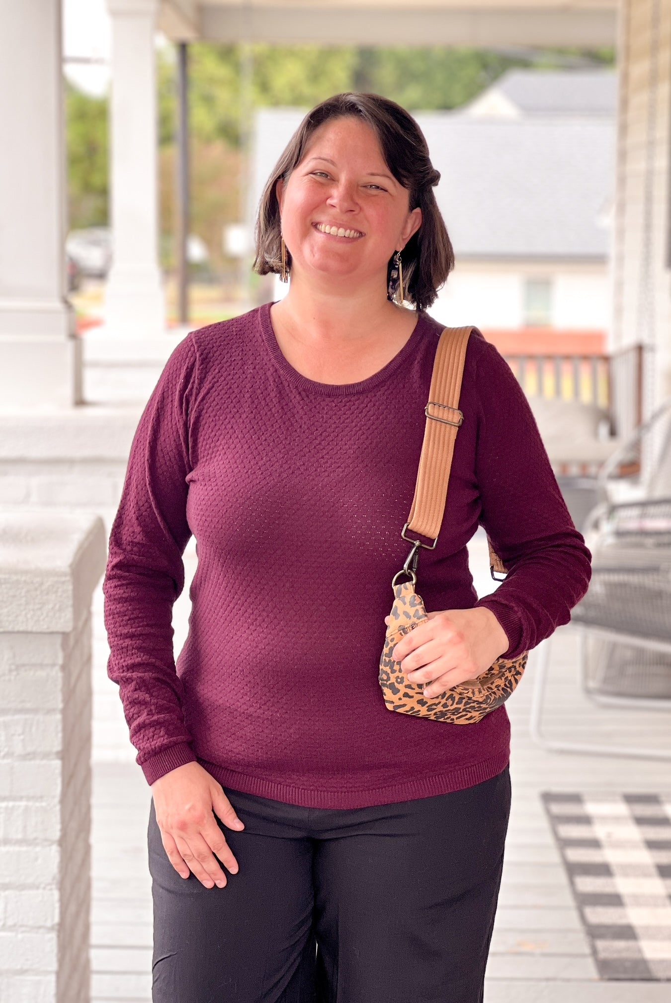 burgundy long sleeve shirt with crew neckline