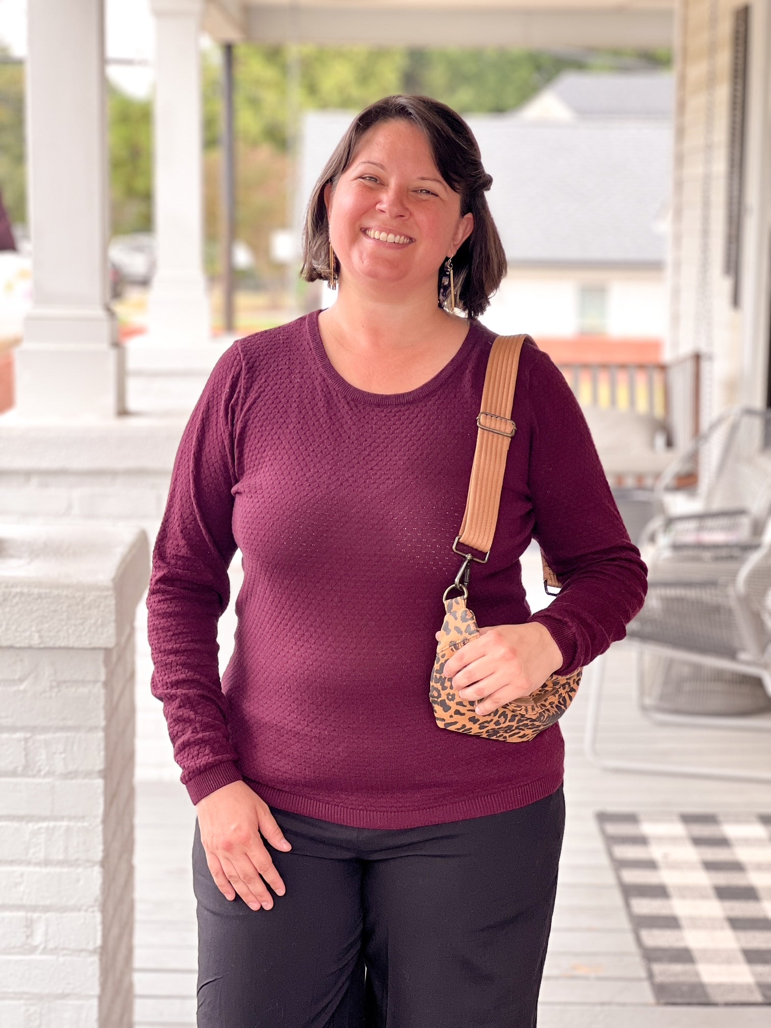 burgundy long sleeve shirt with crew neckline