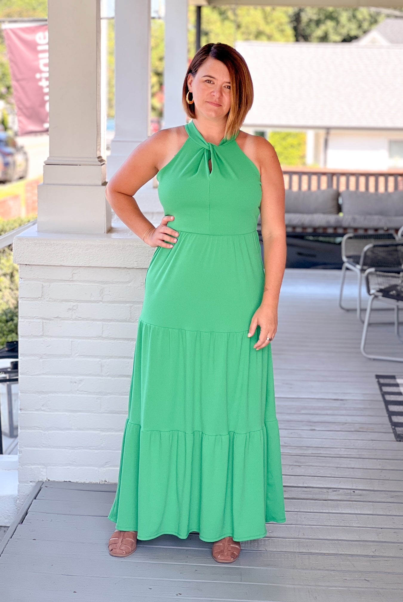 kelly green event dress, comfy, maxi length, halter top