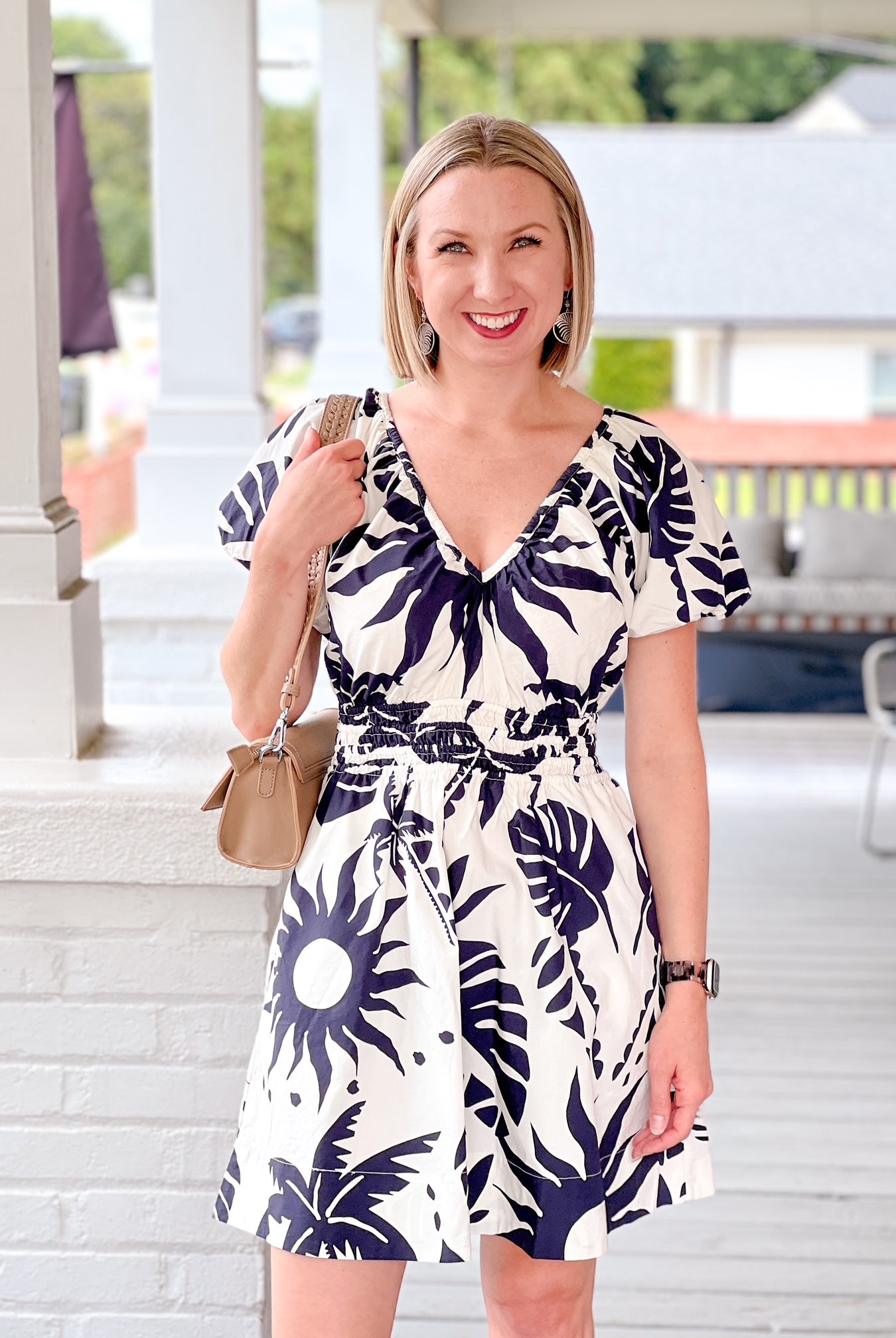 mini length dress with tropical white and dark blue pattern