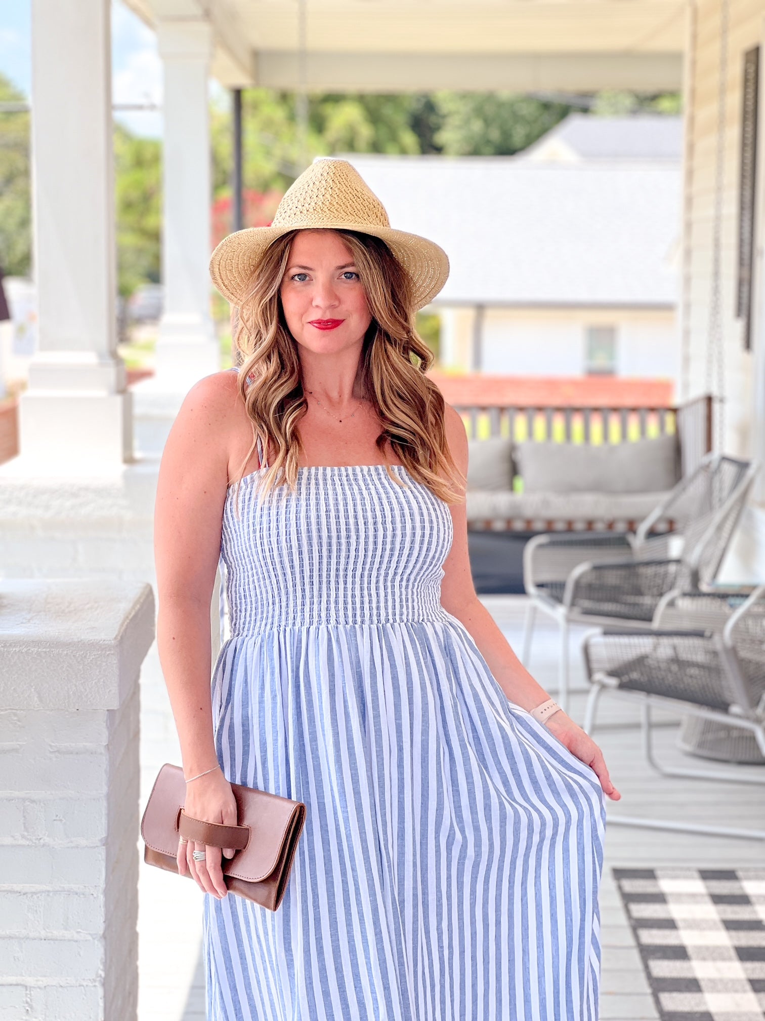 blue and white striped maxi dress