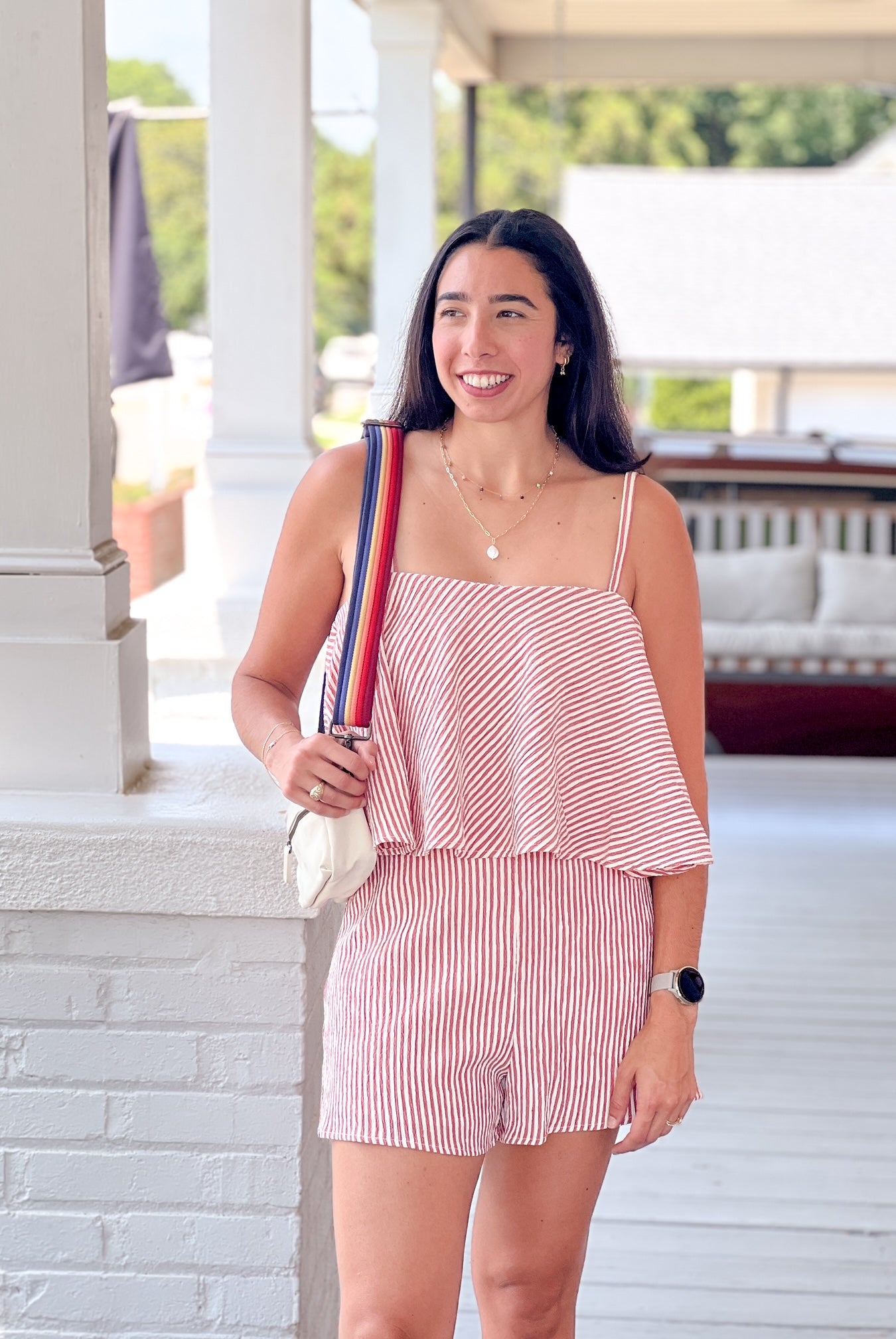 red and white mini stripe romper with tank top